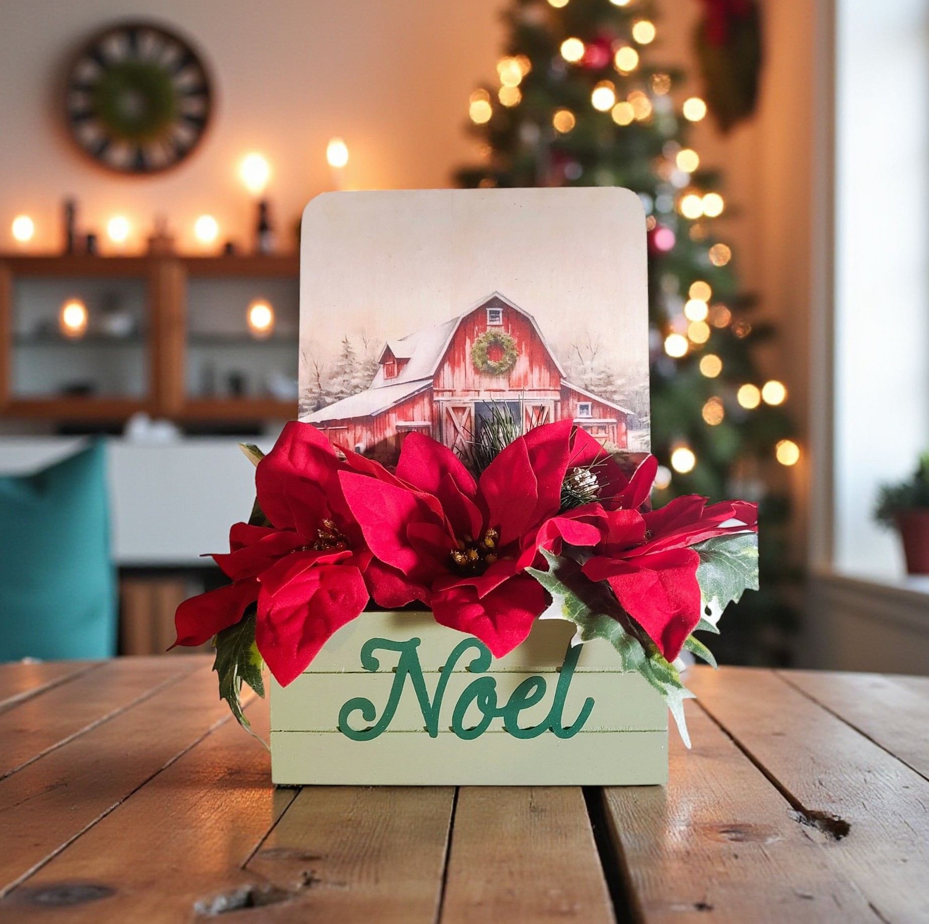 Winter Scene Poinsettia Floral Arrangement in Wood Decoupaged Planter
