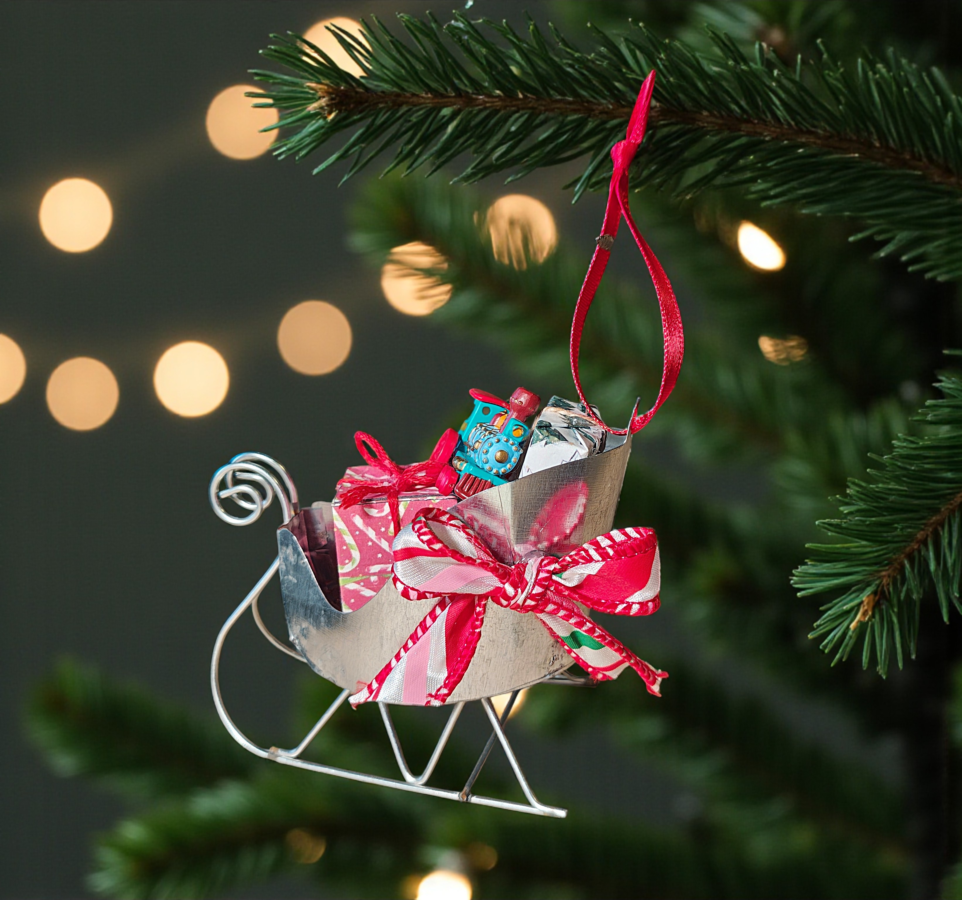 Mini Santa Sleigh Ornament with Gifts & Train