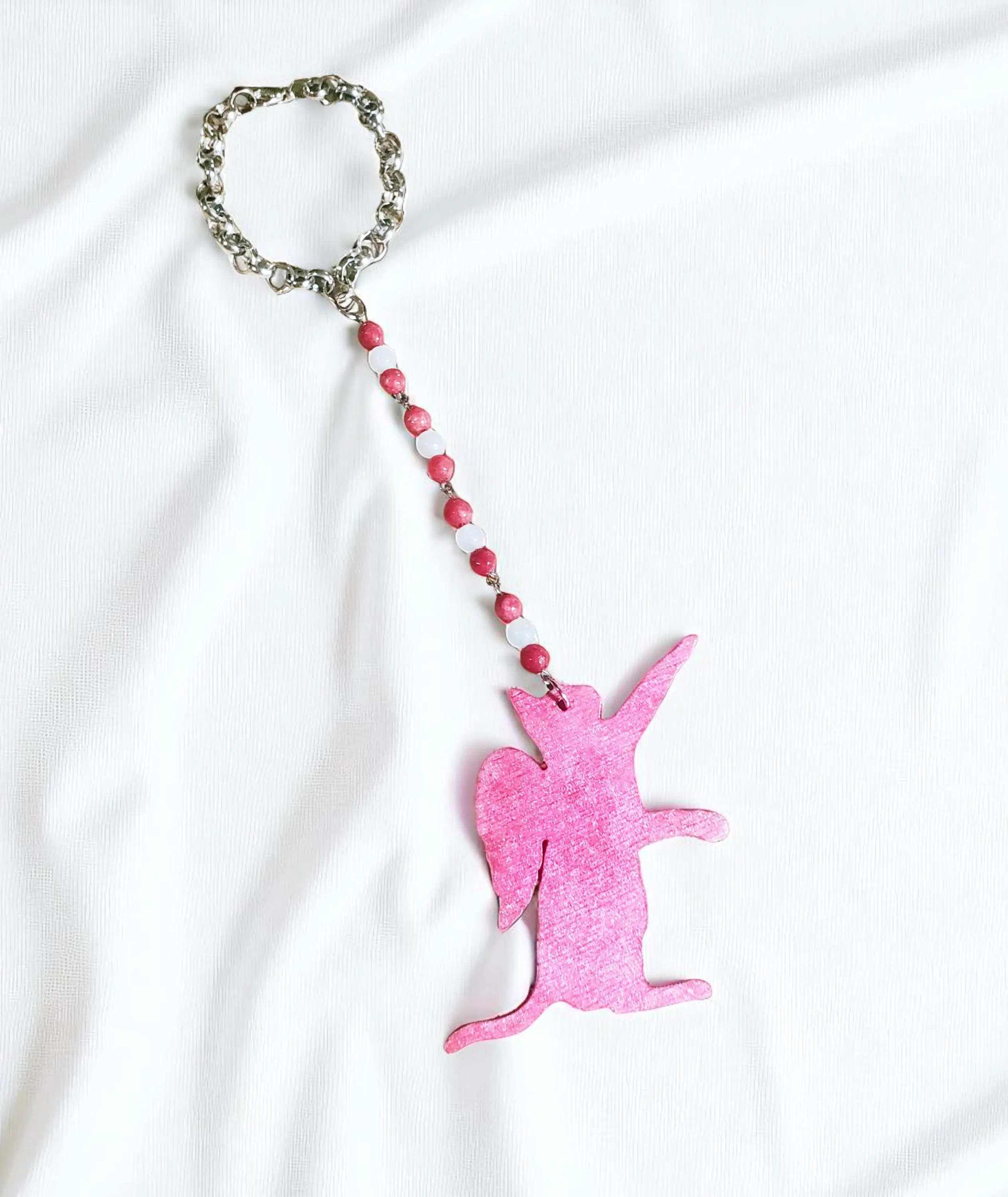 Pink Cat Angel and Beaded Gemstone Rearview Mirror Car Charm 