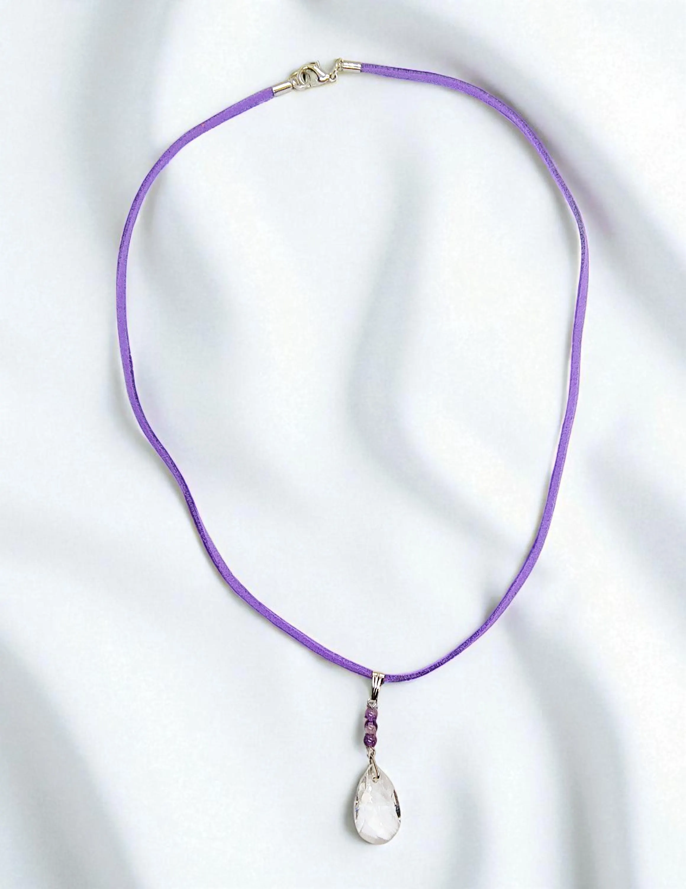 Amethyst Gemstone Crystal Pendant on Purple Suede Cord Necklace