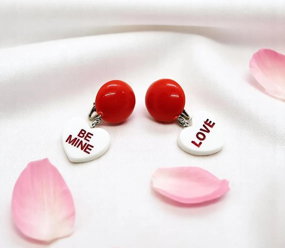 Valentine's Heart Shaped Candy Dangle Clip on Earrings 