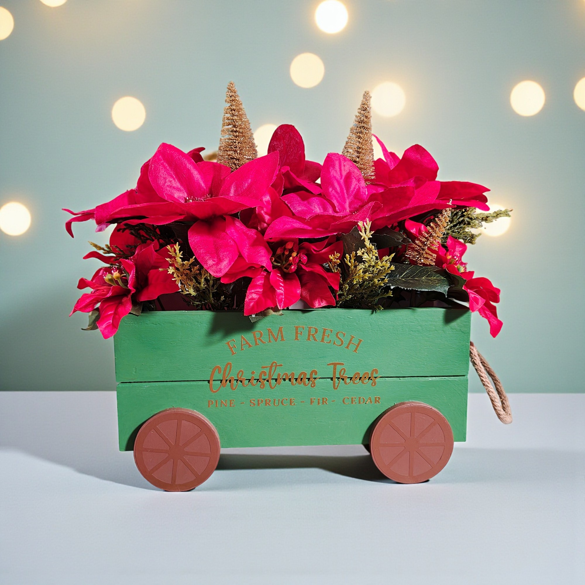 Farm Fresh Christmas Trees Wooden Wagon Poinsettia Floral Arrangement