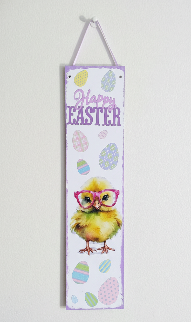 Cute Happy Easter Chick with Glasses & Colorful Eggs Door Hanger