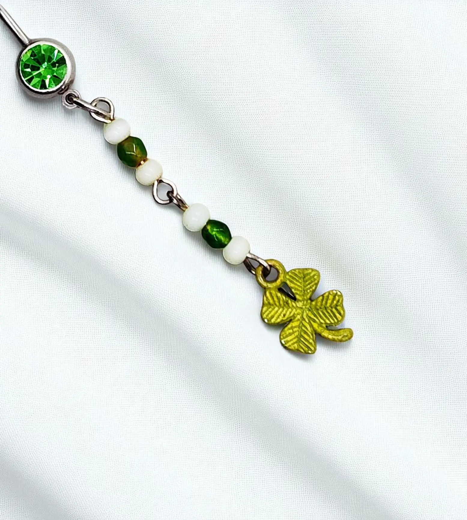 Four Leaf Clover with Green Gemstone Belly Button Ring Jewelry - 14 G