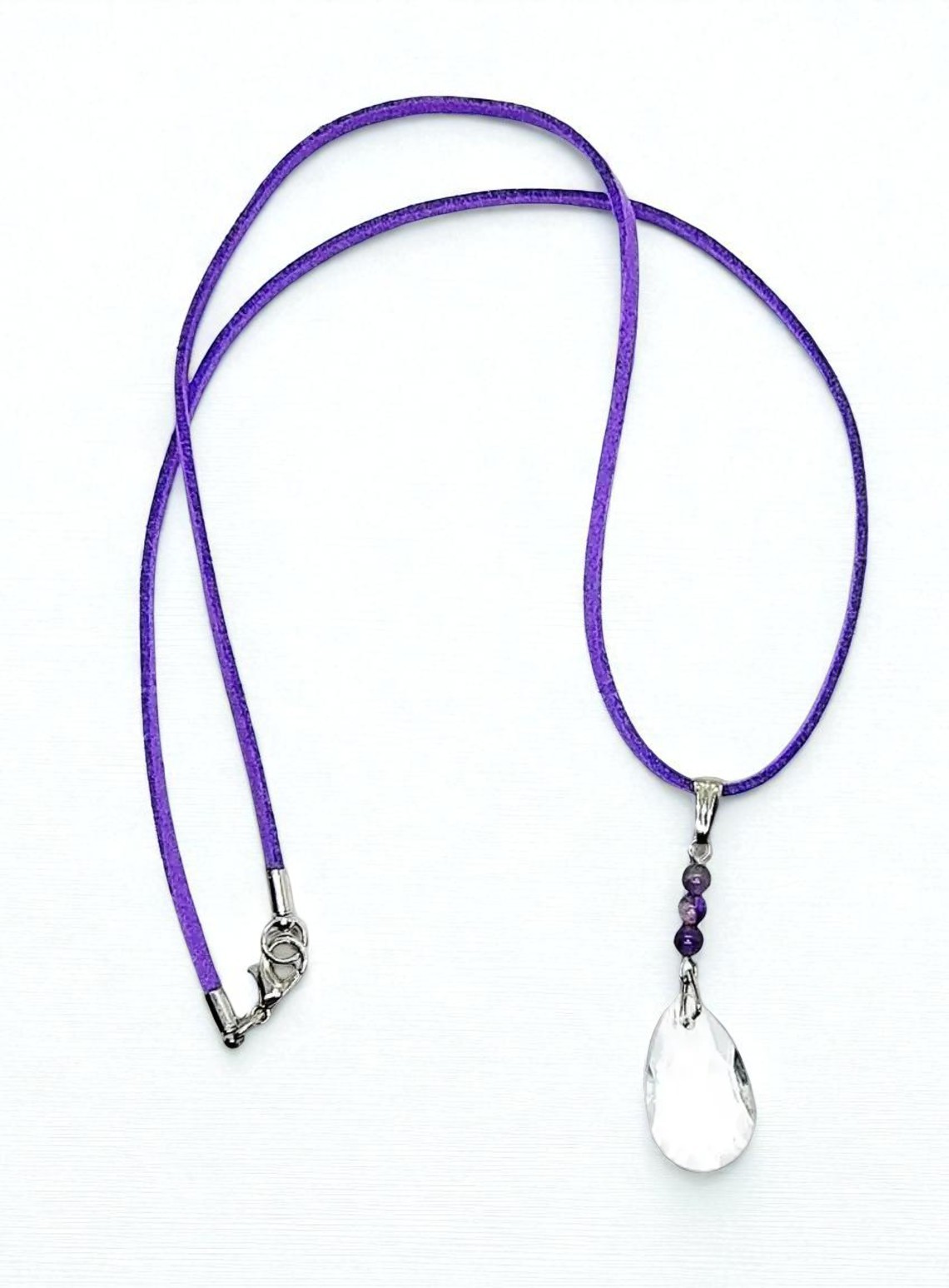 Amethyst Gemstone Crystal Pendant on Purple Suede Cord Necklace