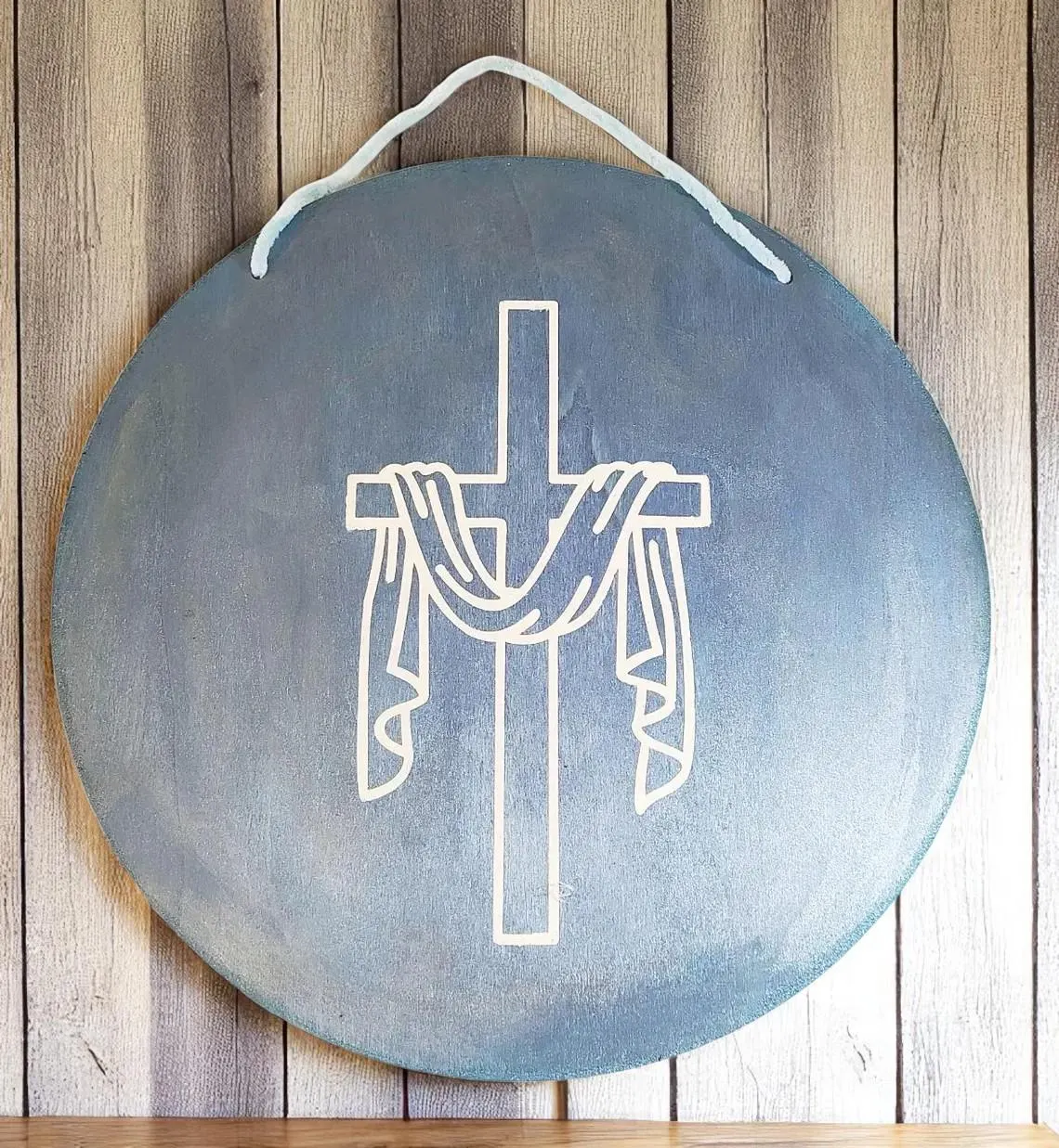 Wooden Metallic Blue Cross Sign 