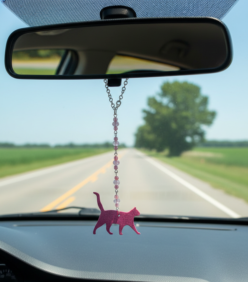 Pink Cat Beaded Gemstone Hanging Rearview Mirror Car Charm