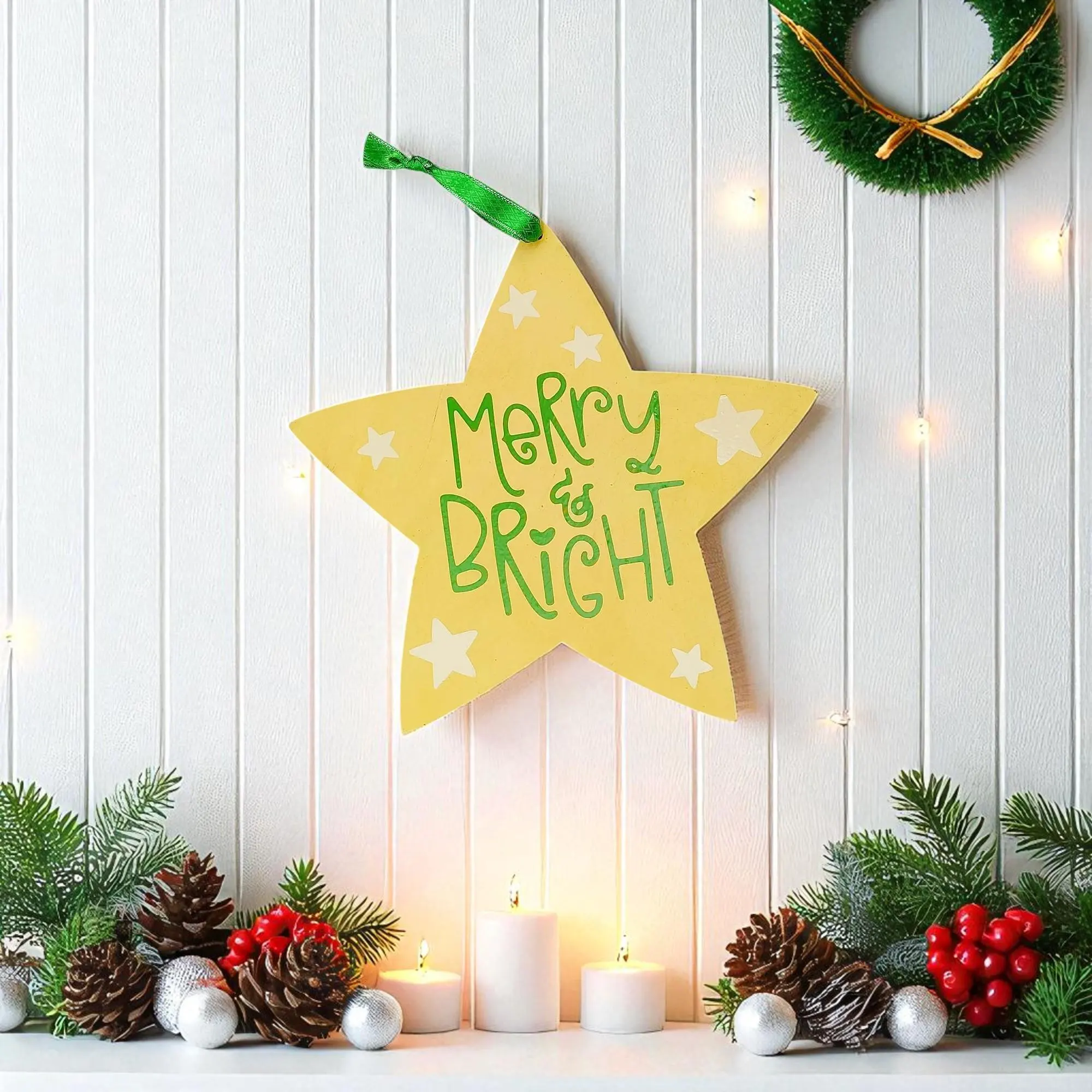 Wooden Yellow Merry & Bright Star Shaped Sign 
