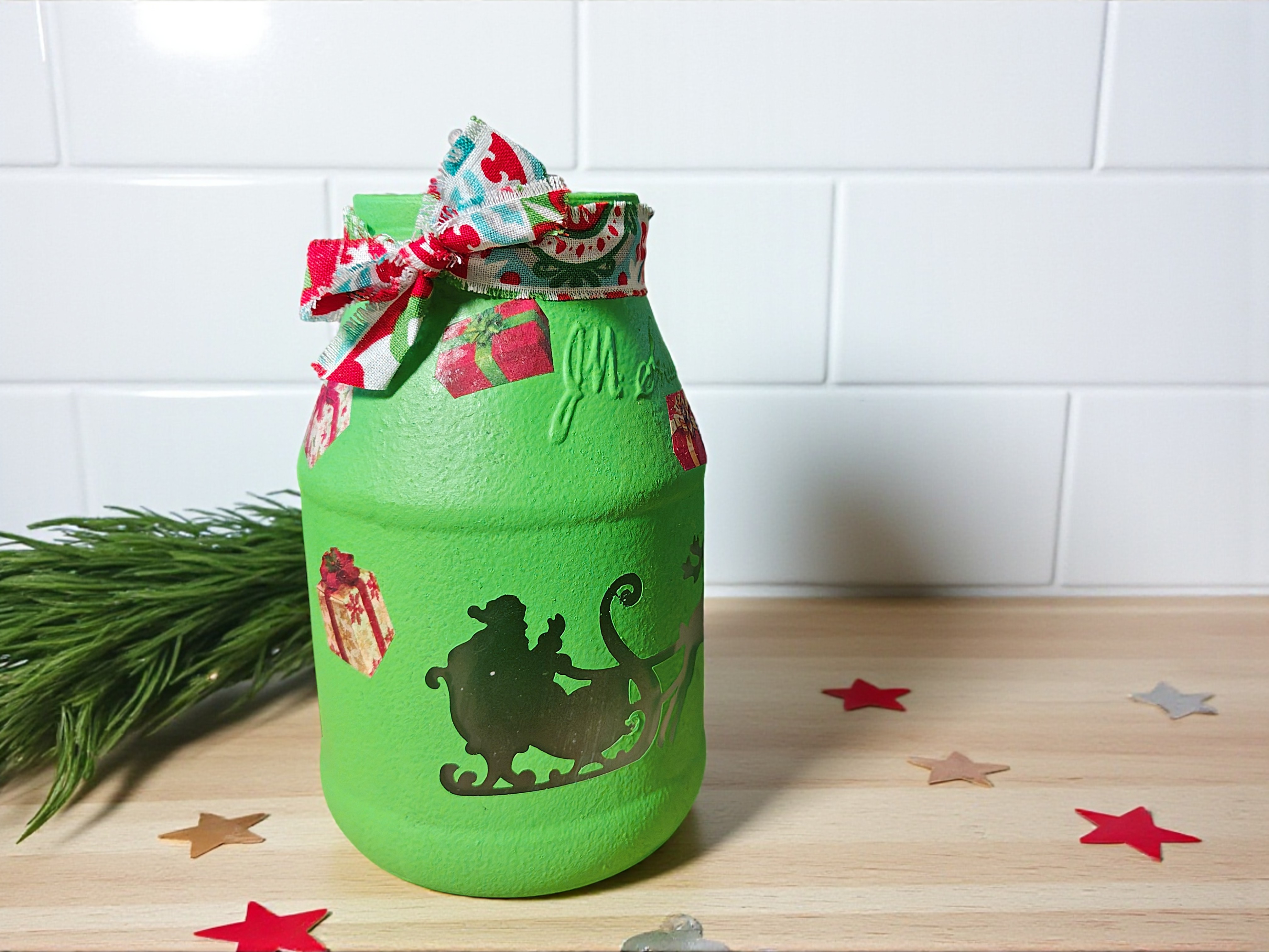 Santa Sled Glass Jar Tealight Candle Holder