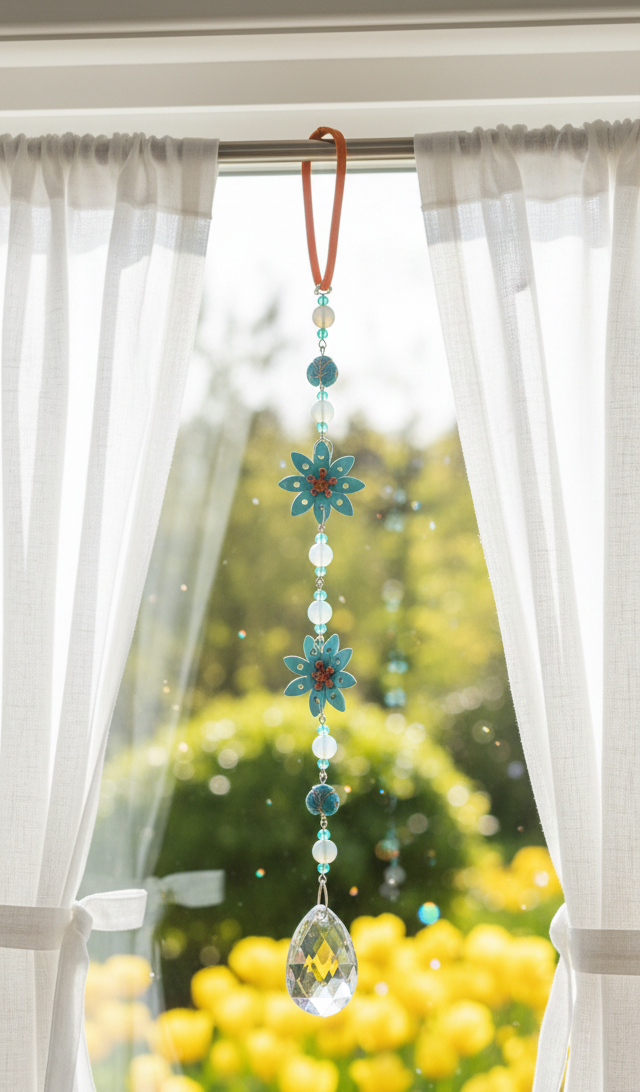 Floral Glass Crystal and Turquoise Gemstone Beaded Suncatcher
