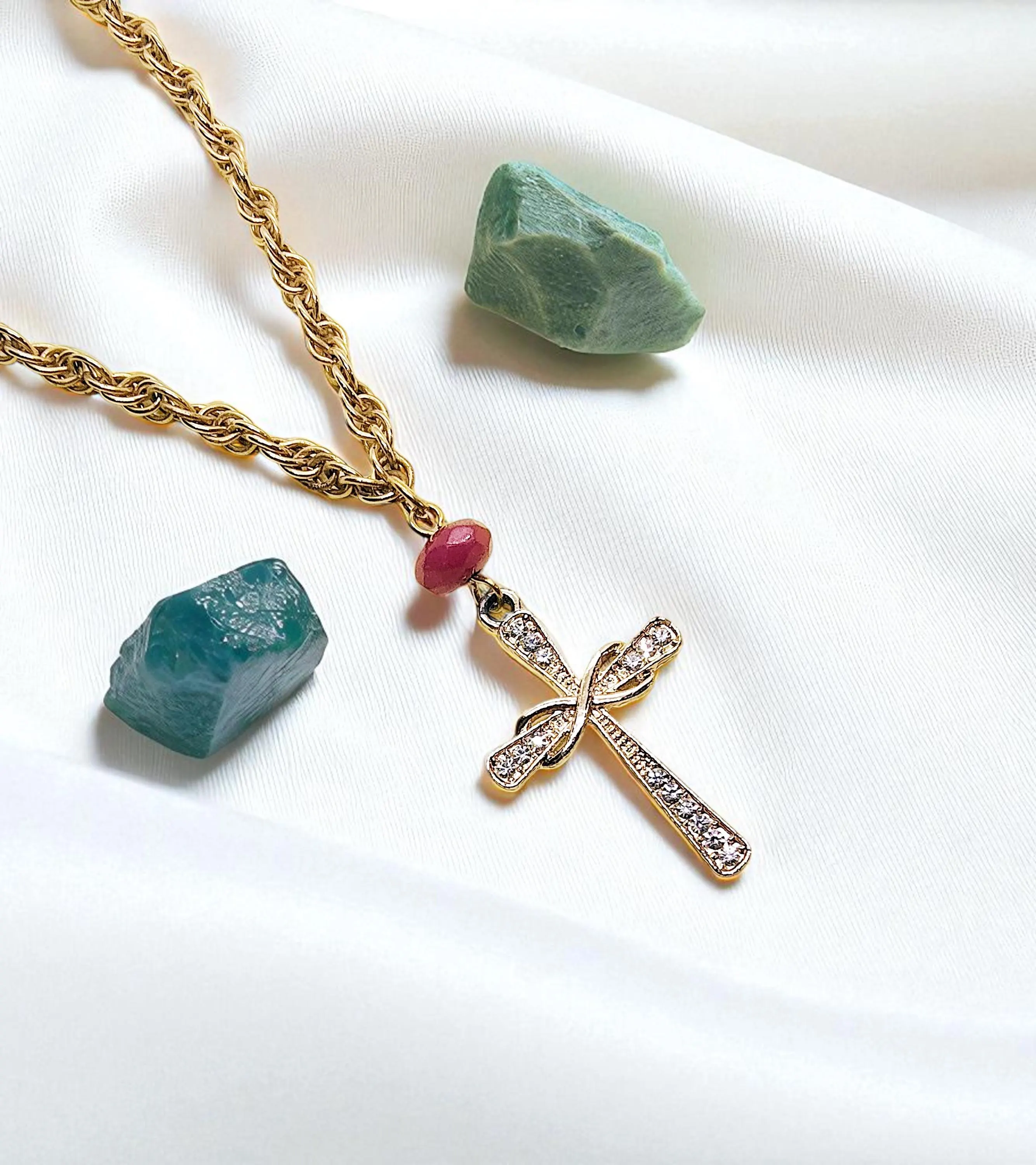 Golden Christian Cross Gemstone Dangle Anklet