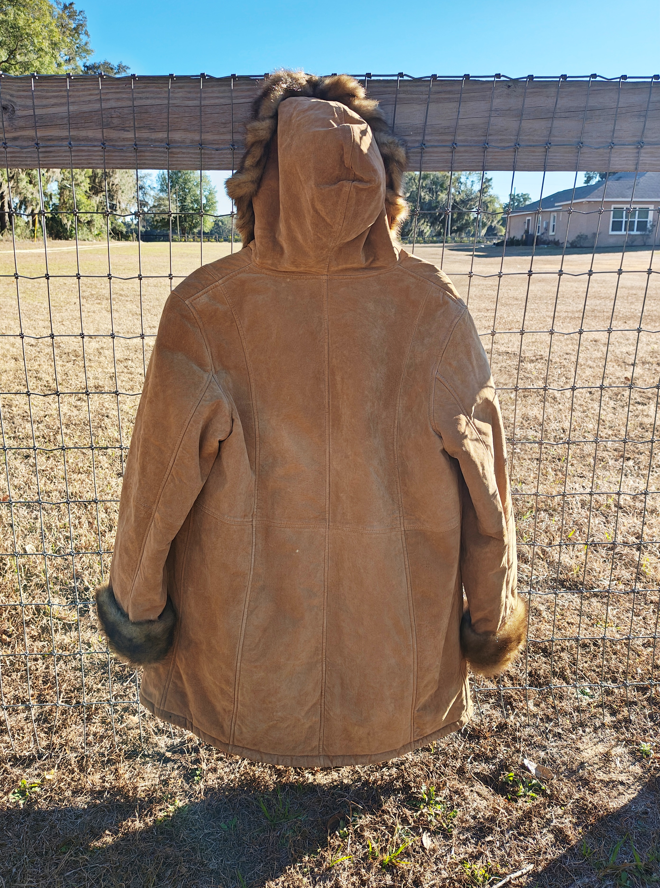 Vintage Medium DENNIS BASSO Tan Brown Suede Leather & Faux Fur Long Button Down Hooded Winter Coat
