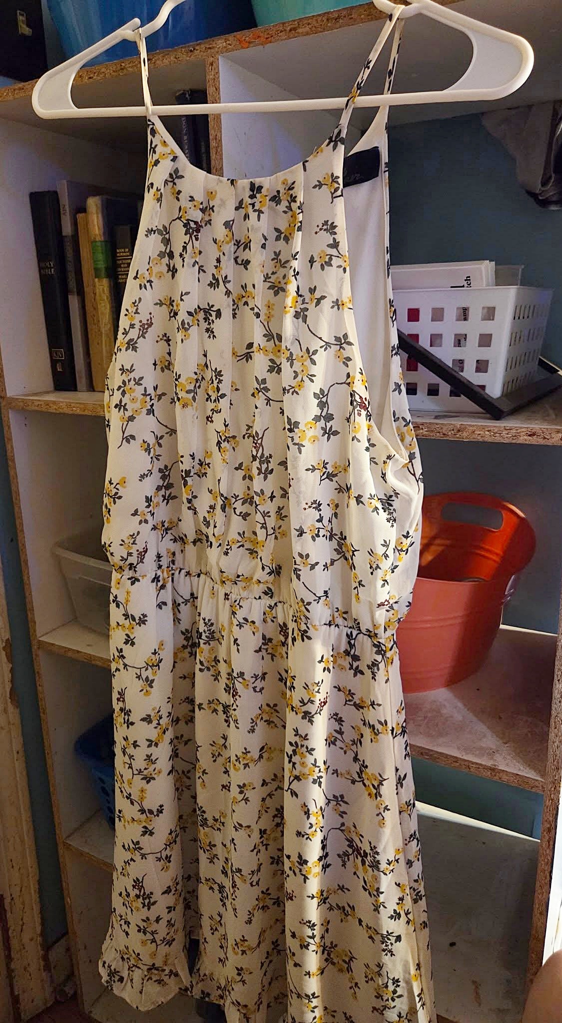 Blue Rain Women's Medium Floral Midi Dress Ivory Yellow Print Sleeveless Elastic Waist Boho Dress