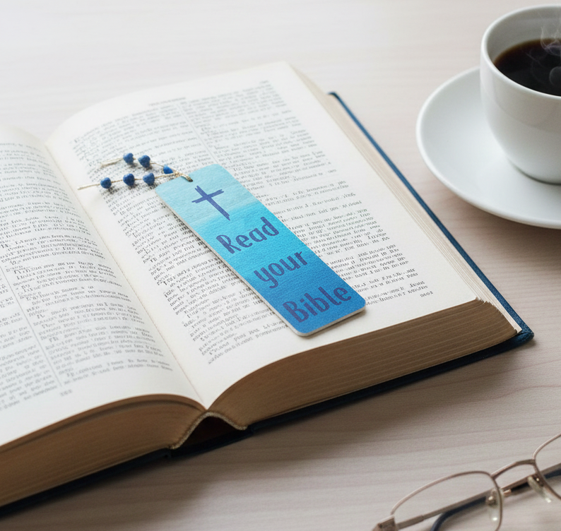 Handmade Blue Wooden Read Your Bible Yellow Bookmark