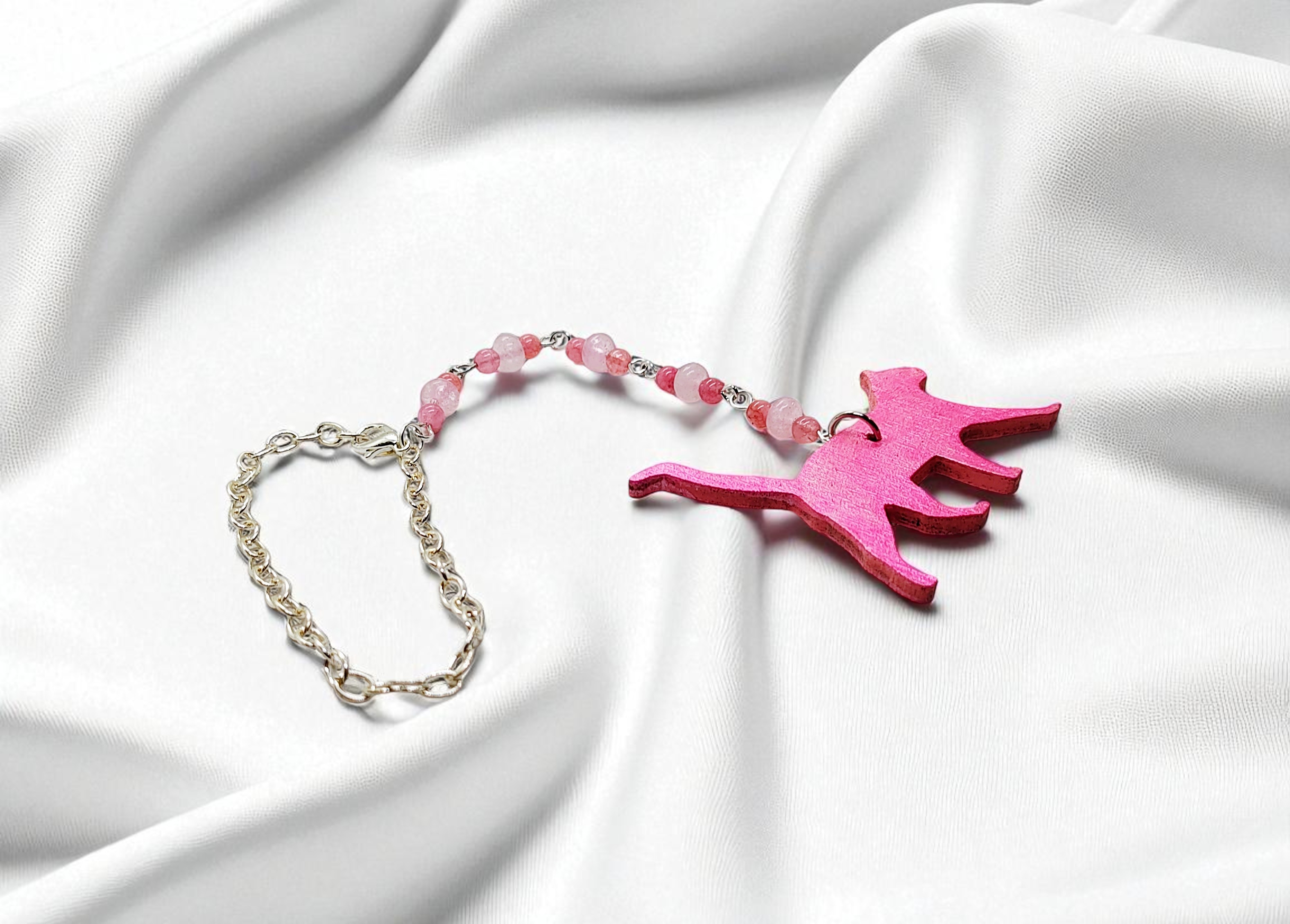 Pink Cat Beaded Gemstone Hanging Rearview Mirror Car Charm