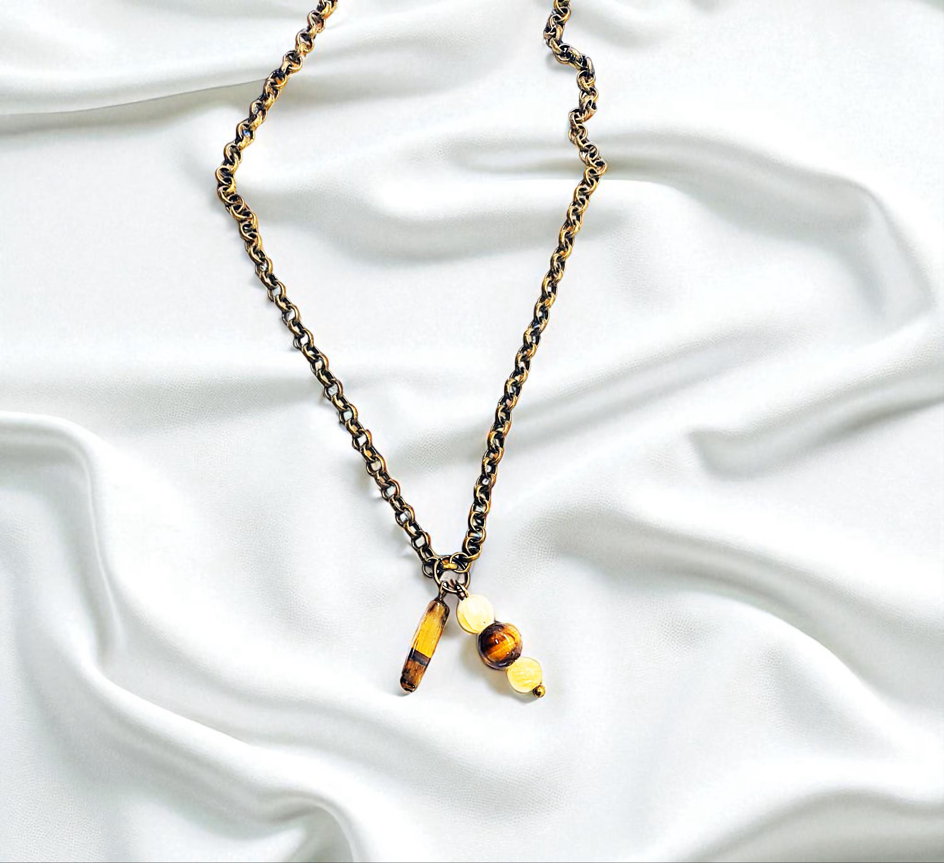 Bronze Tiger eye and Calcite Gemstone Charm Choker Necklace 