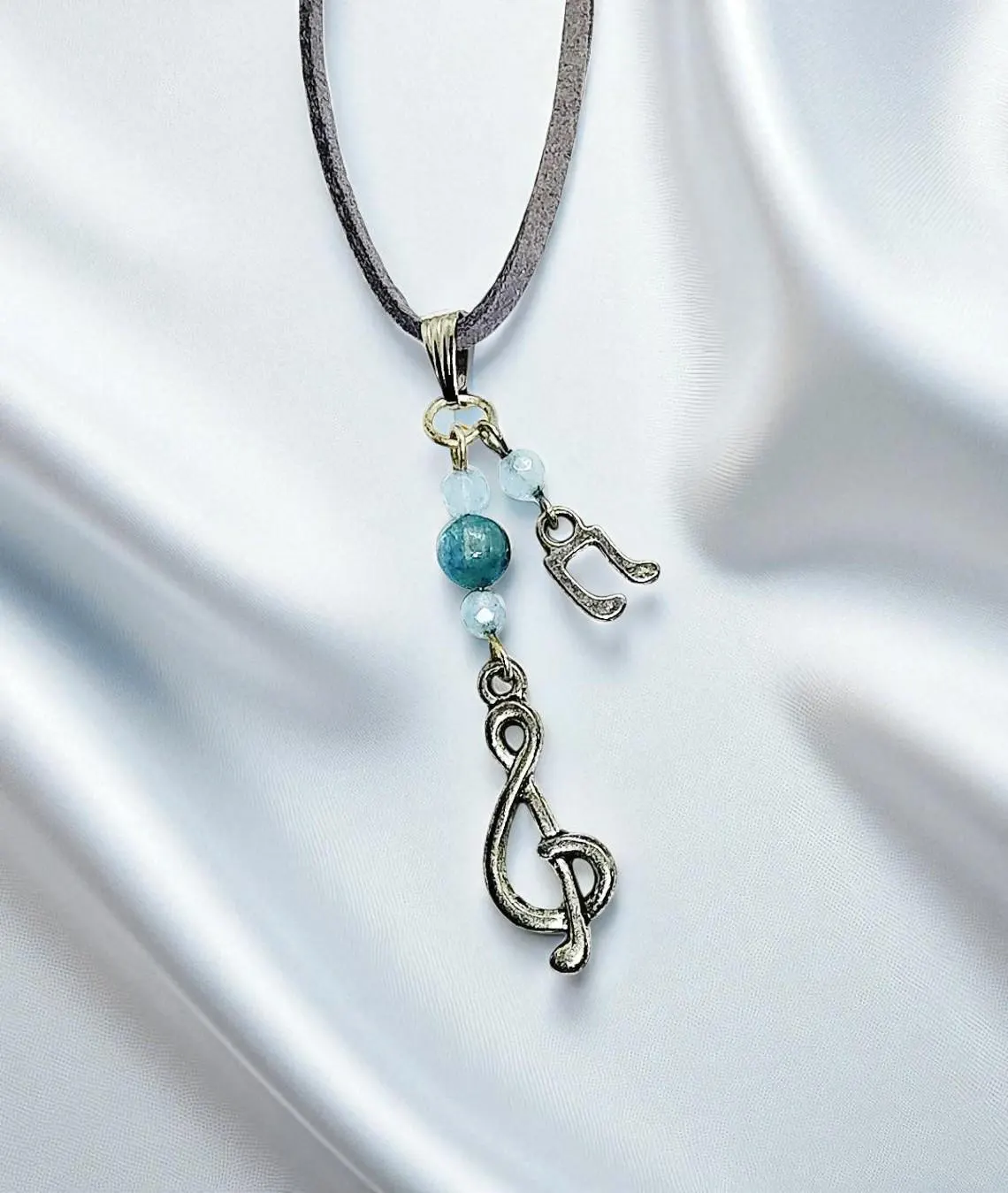 Music Note, Treble Clef, & Gemstone Pendant on Gray Suede Cord Necklace