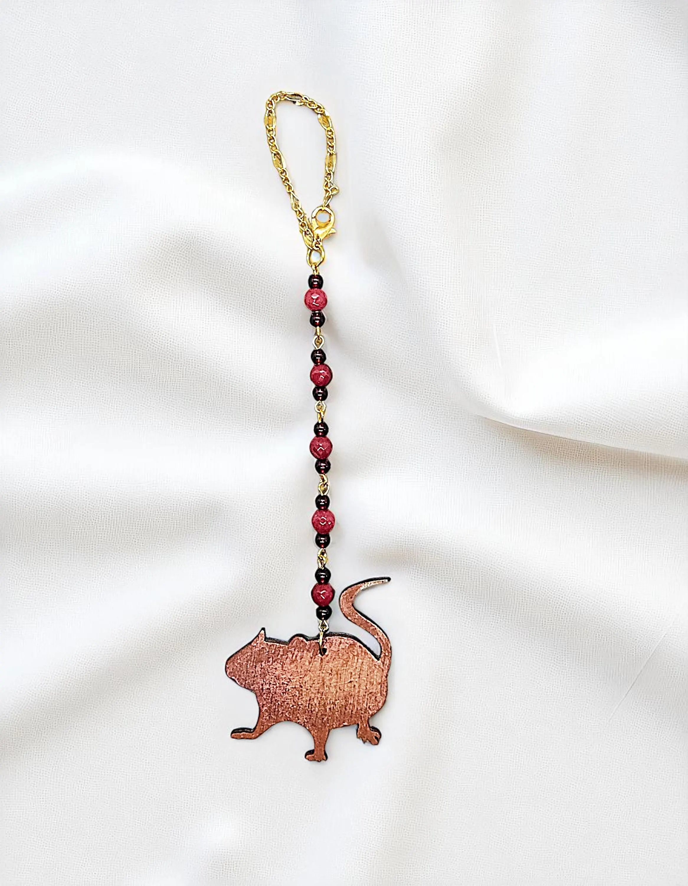 Red Chalcedony & Garnet Gemstone Fancy Rat Rearview Mirror Car Charm 