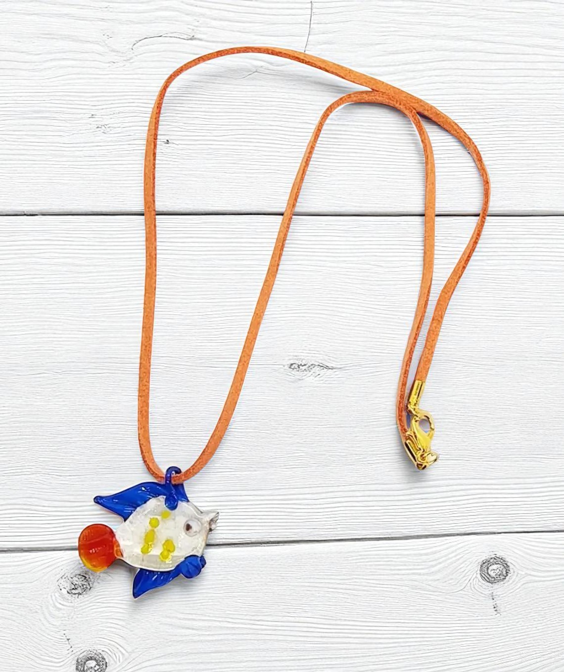 Glass Tropical Fish Pendant Orange Suede Cord Necklace