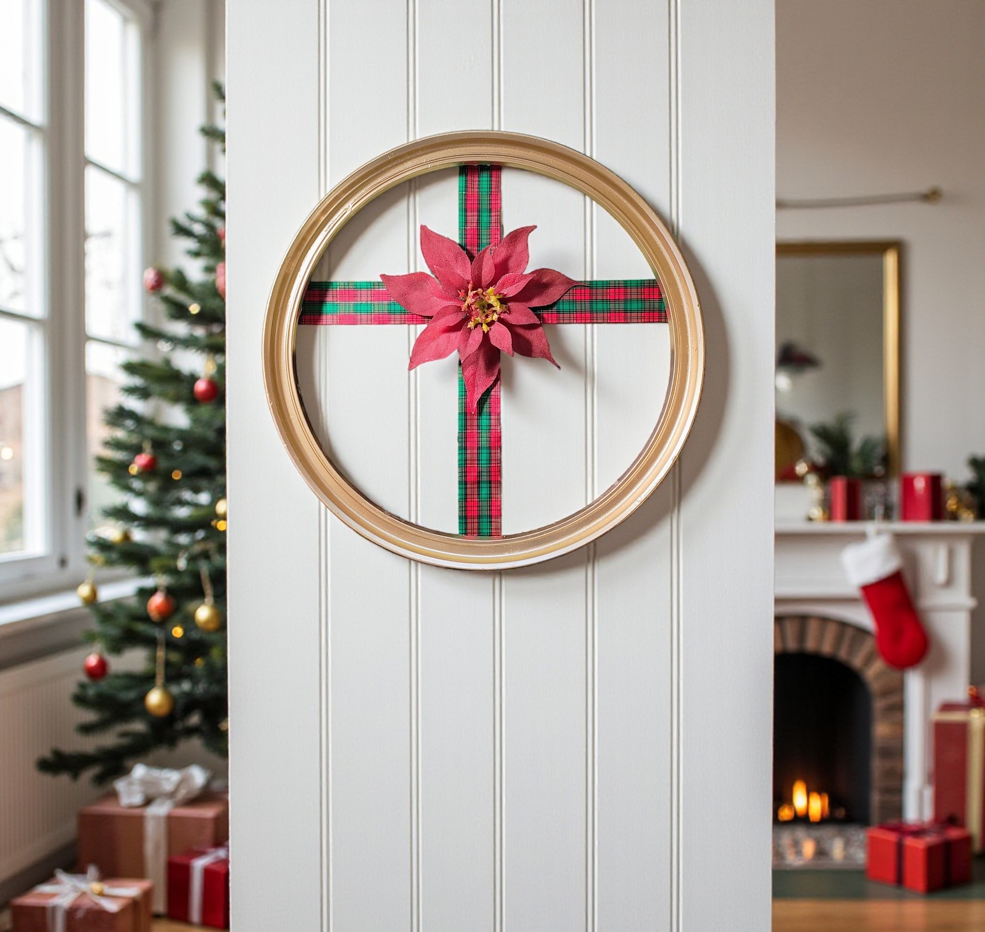 Large Round Christmas Ribbon Cross Frame Wall Hanging with Poinsettia