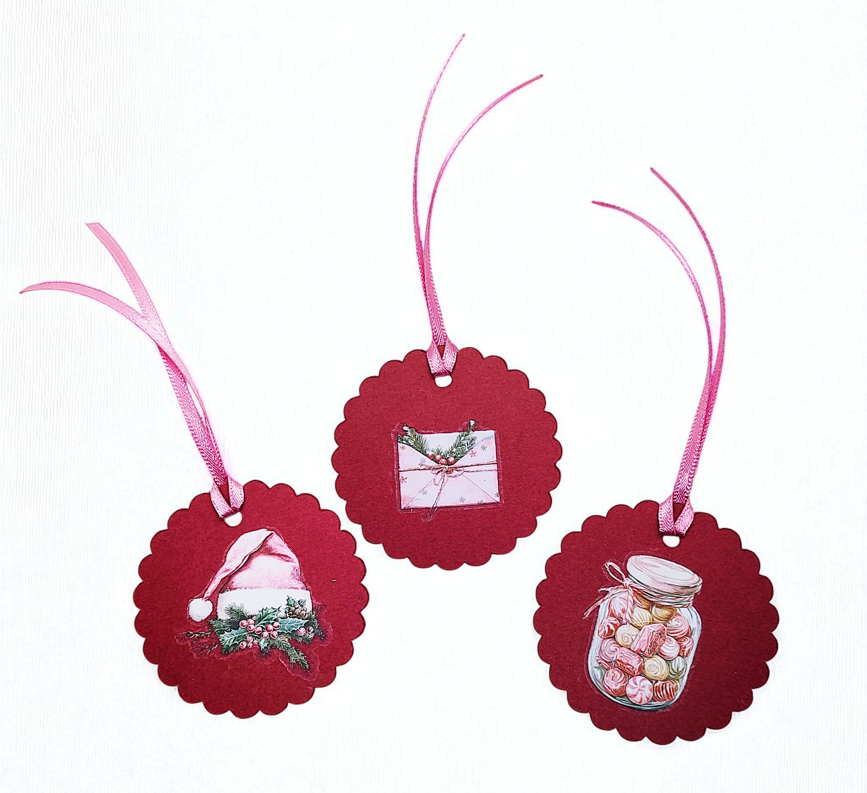 Whimsical Pink Christmas Gift Tags with Ribbon - Set of 8