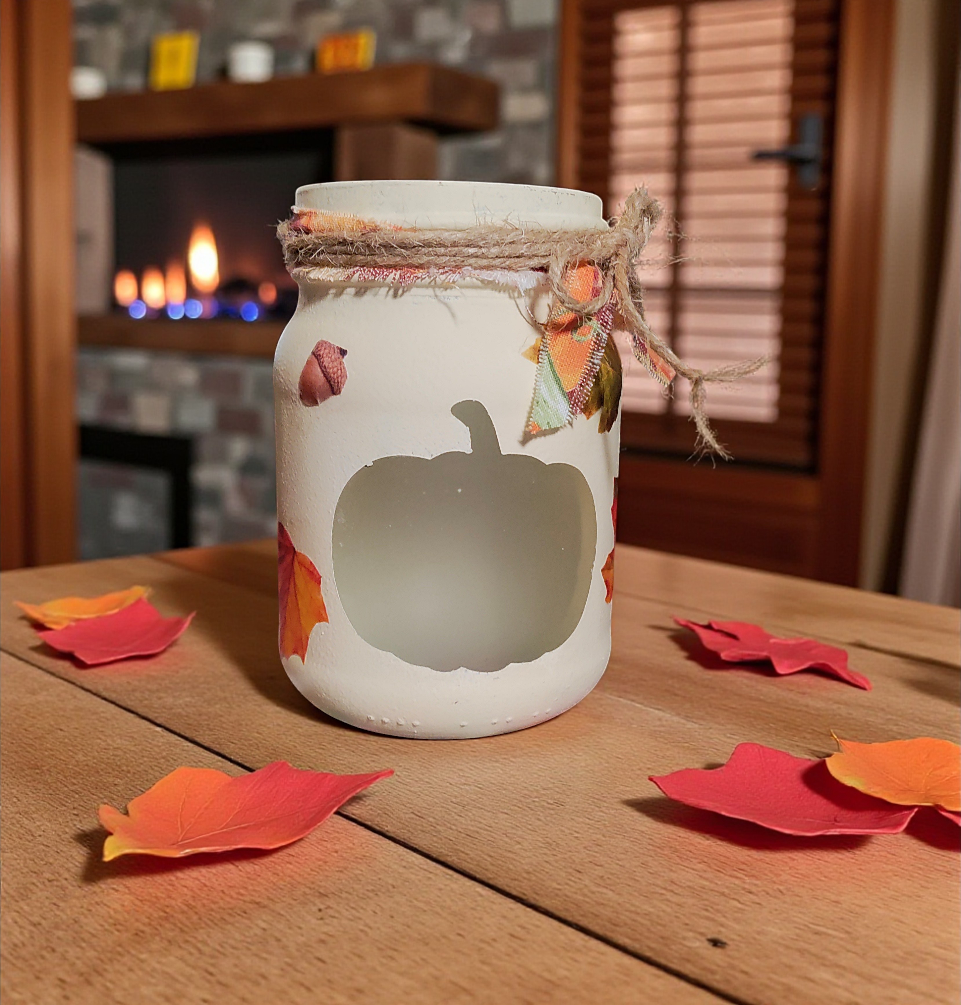 Pumpkin & Autumn Leaves Glass Jar Tealight Candle Holder