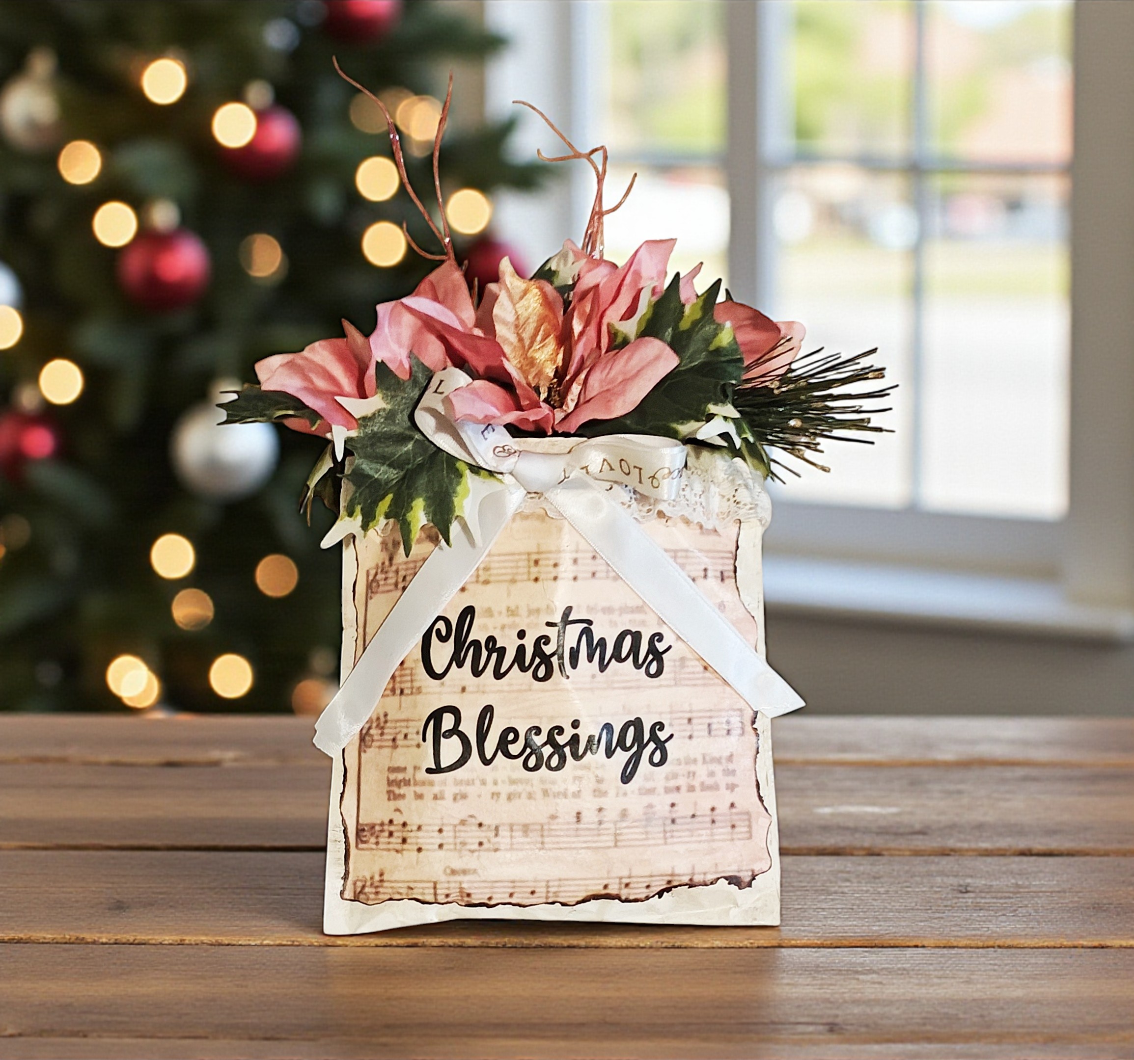 Rustic Christmas Blessings Gold & Pink Poinsettia Door Hanger