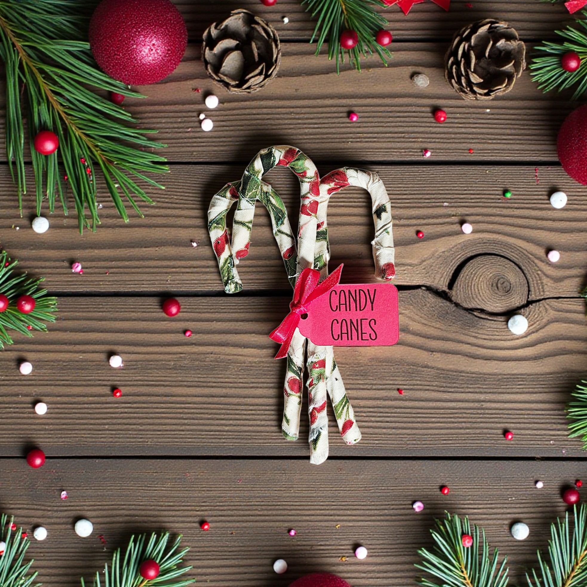 Primitive Fabric Wrapped Christmas Candy Canes with Tag