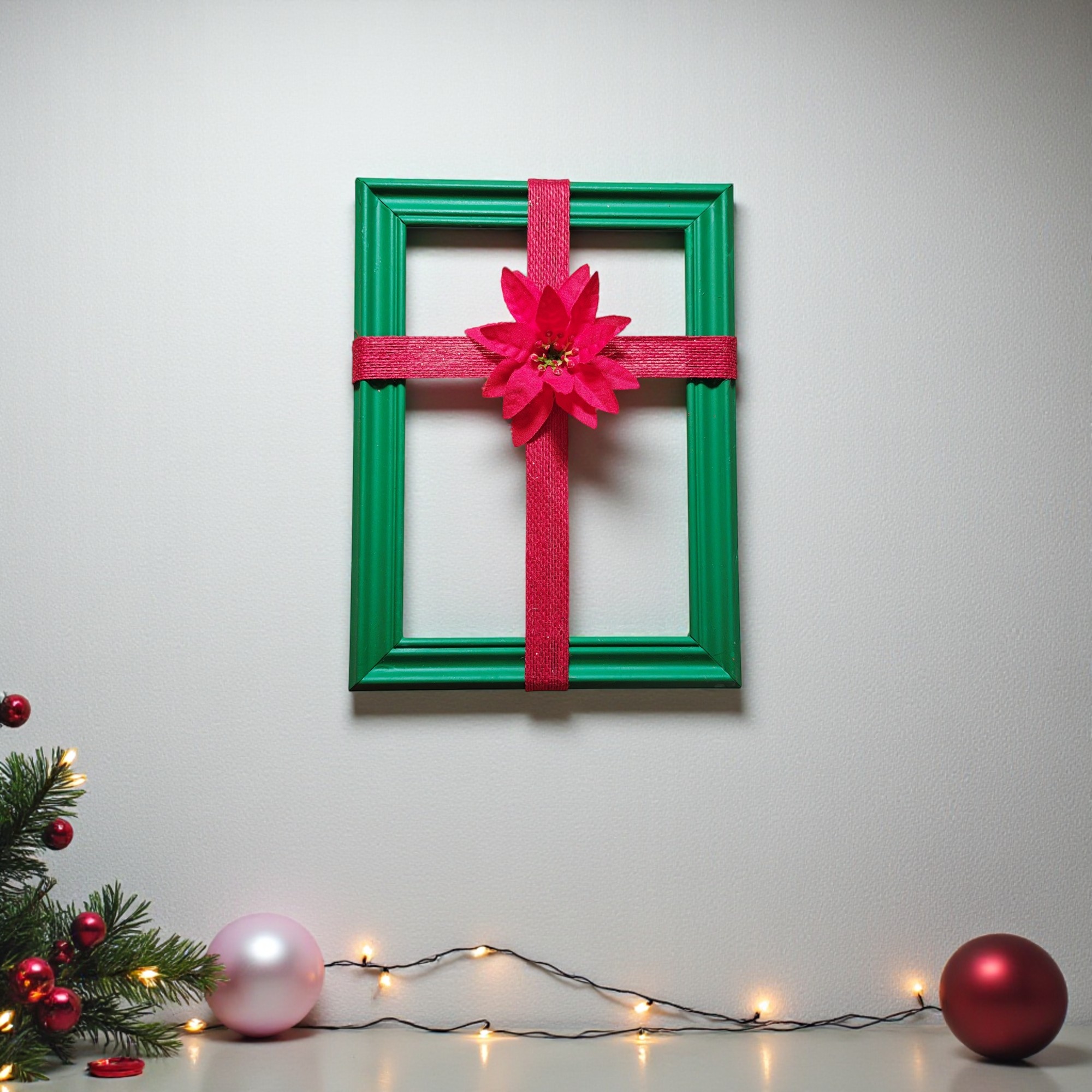 Christmas Ribbon Cross Frame Wall Hanging with Poinsettia