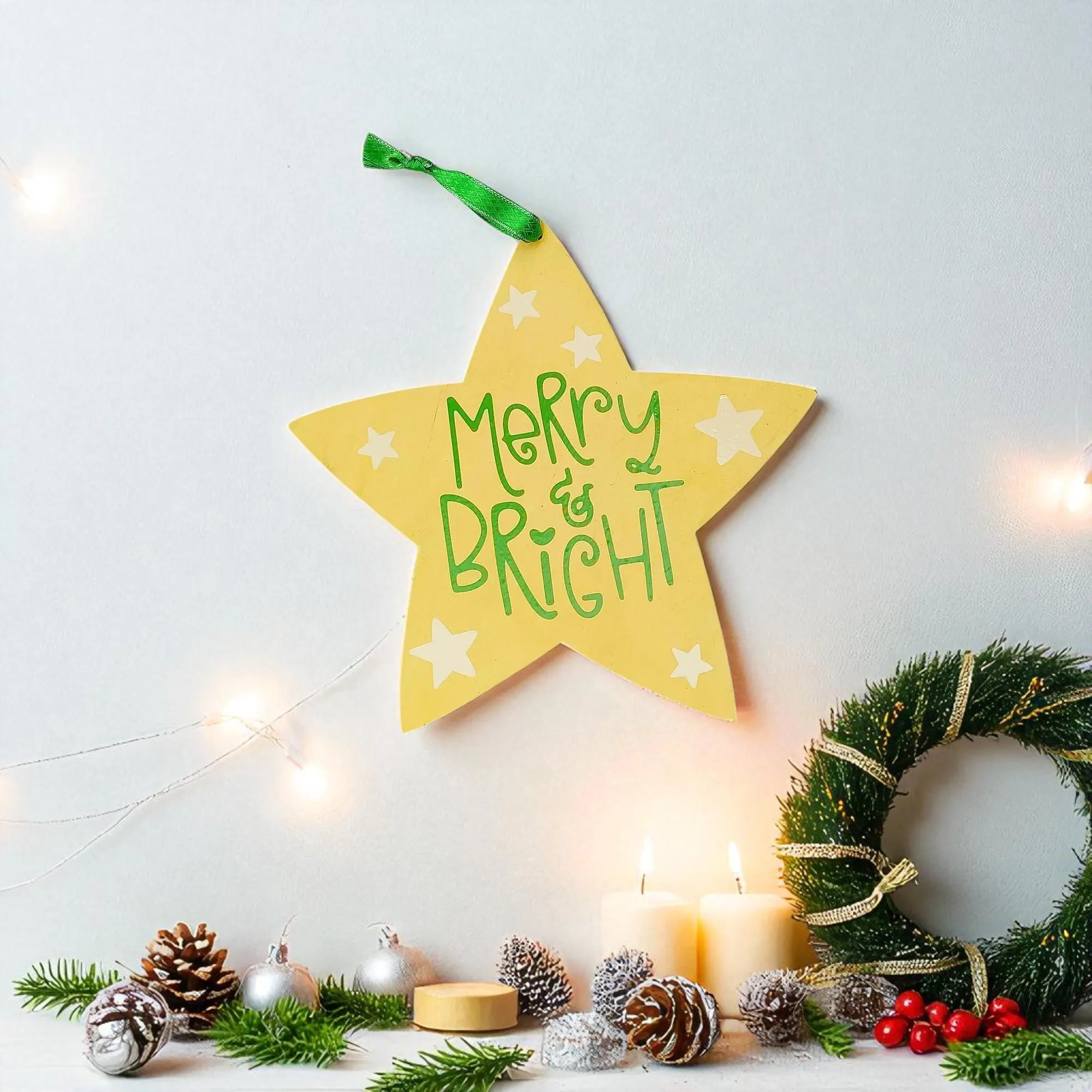 Wooden Yellow Merry & Bright Star Shaped Sign 