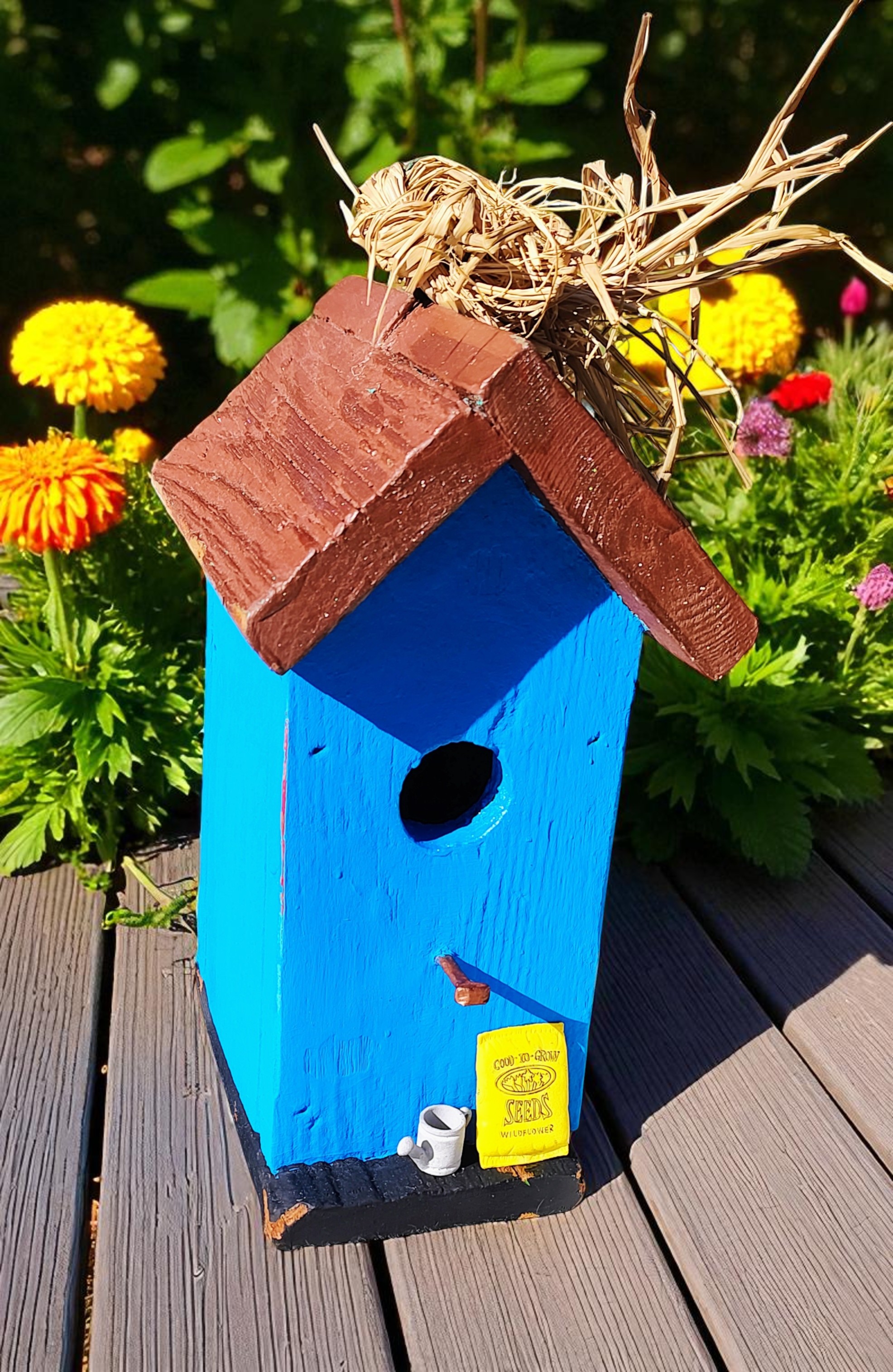 Wooden Rustic Blue Birdhouse with Gardening Theme