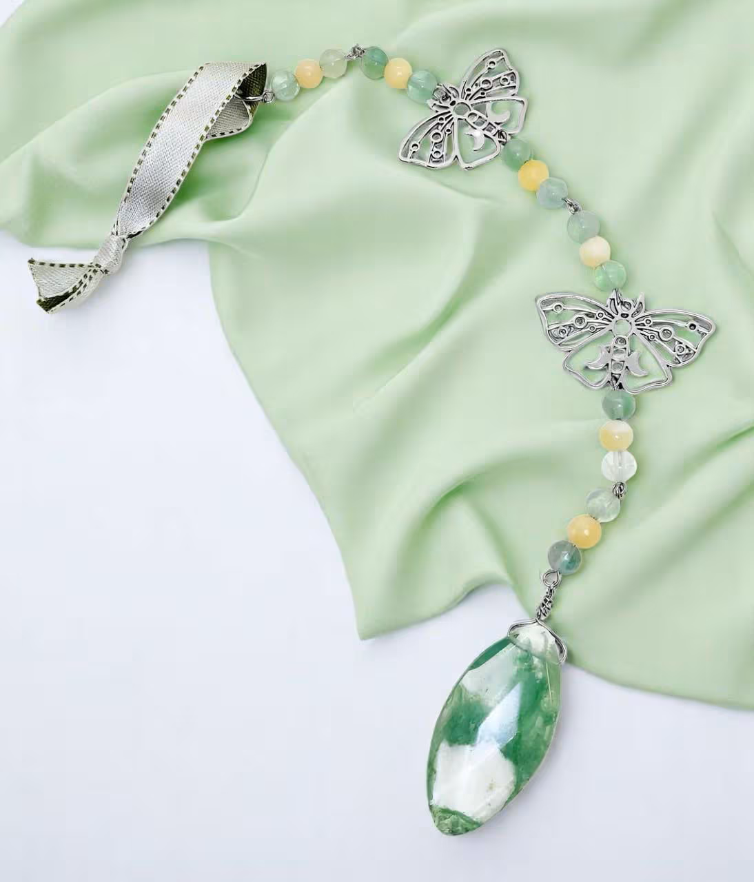 Hanging Beaded Green Gemstone Sun Catcher with Butterflies