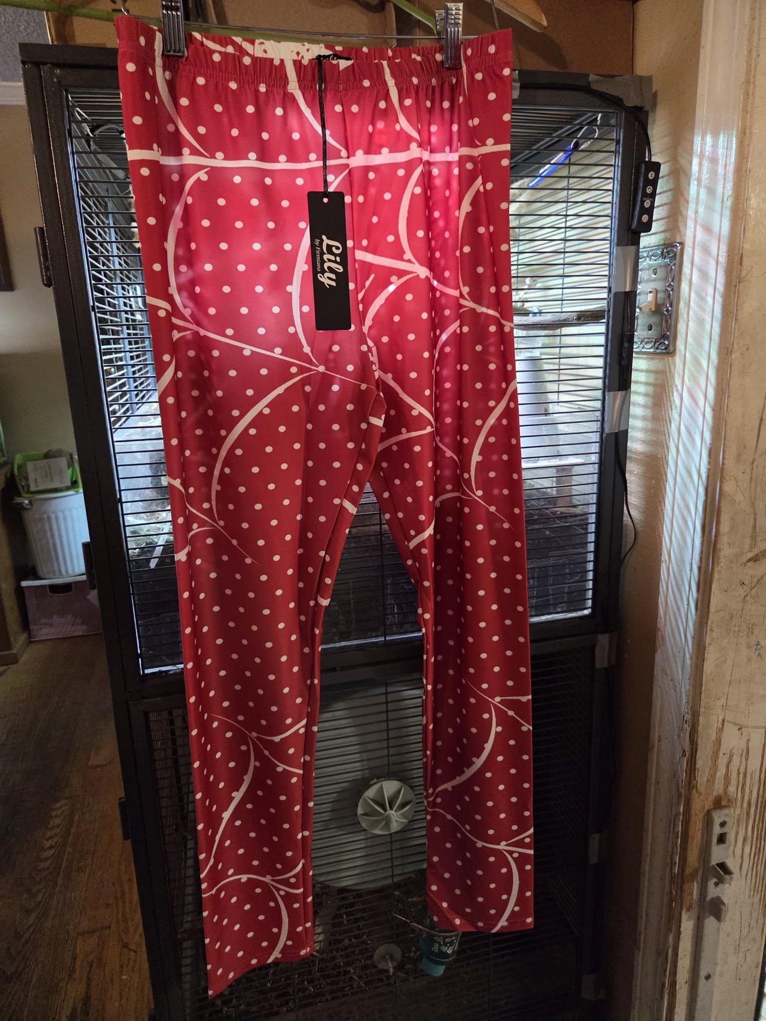 Women's Leggings L/XL Red Polka Dot Stretch Pull-On Pants - Lily by Firmiana NWT