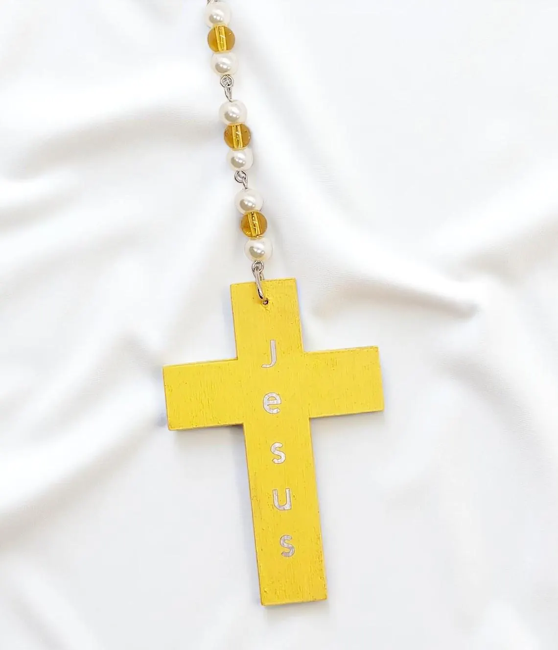 Wooden Christian Cross & Pearl, Citrine Gemstone Rearview Mirror Car Charm