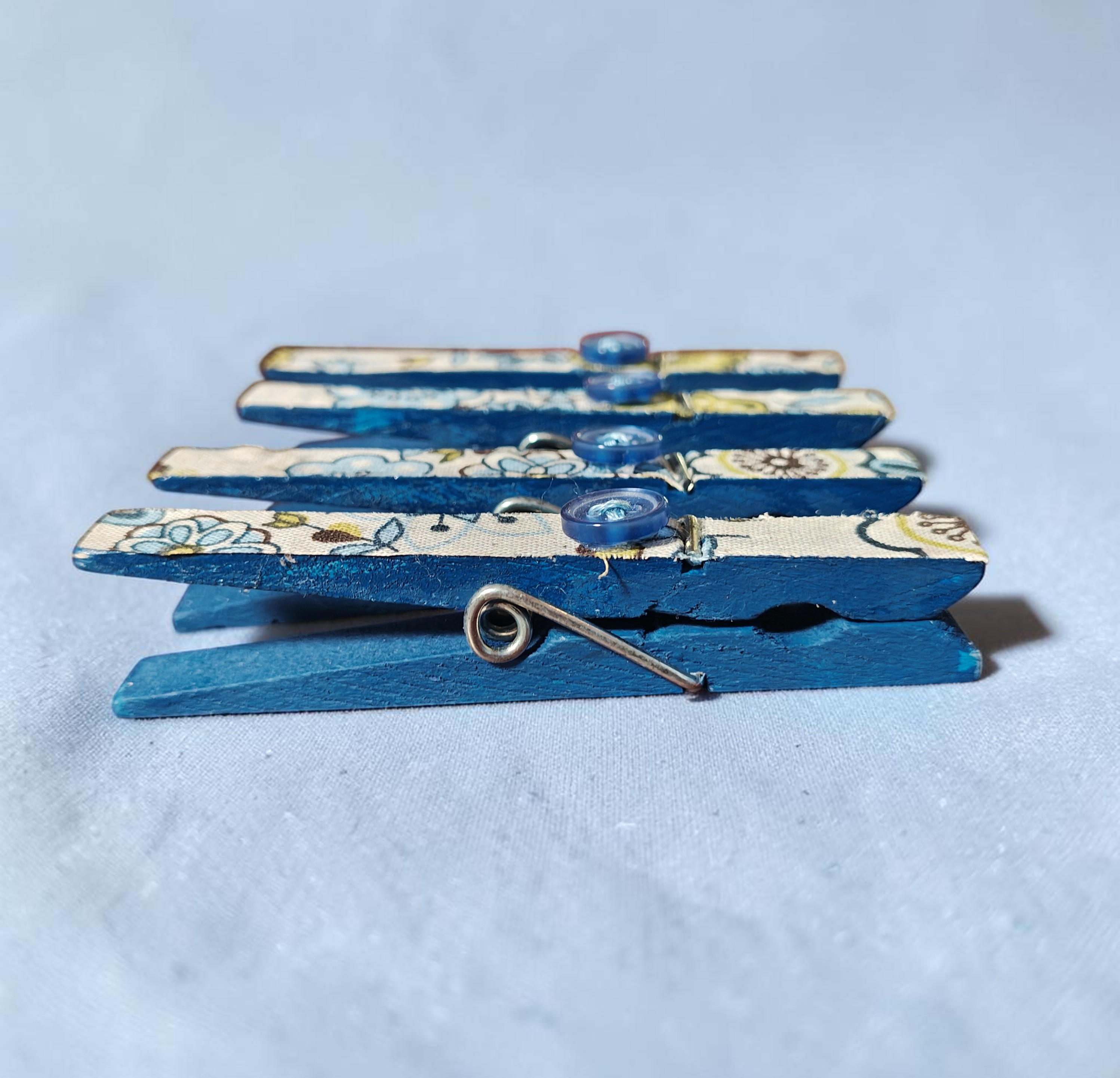 Set of 4 Handmade Fabric-Covered Wooden Clothespins with Buttons