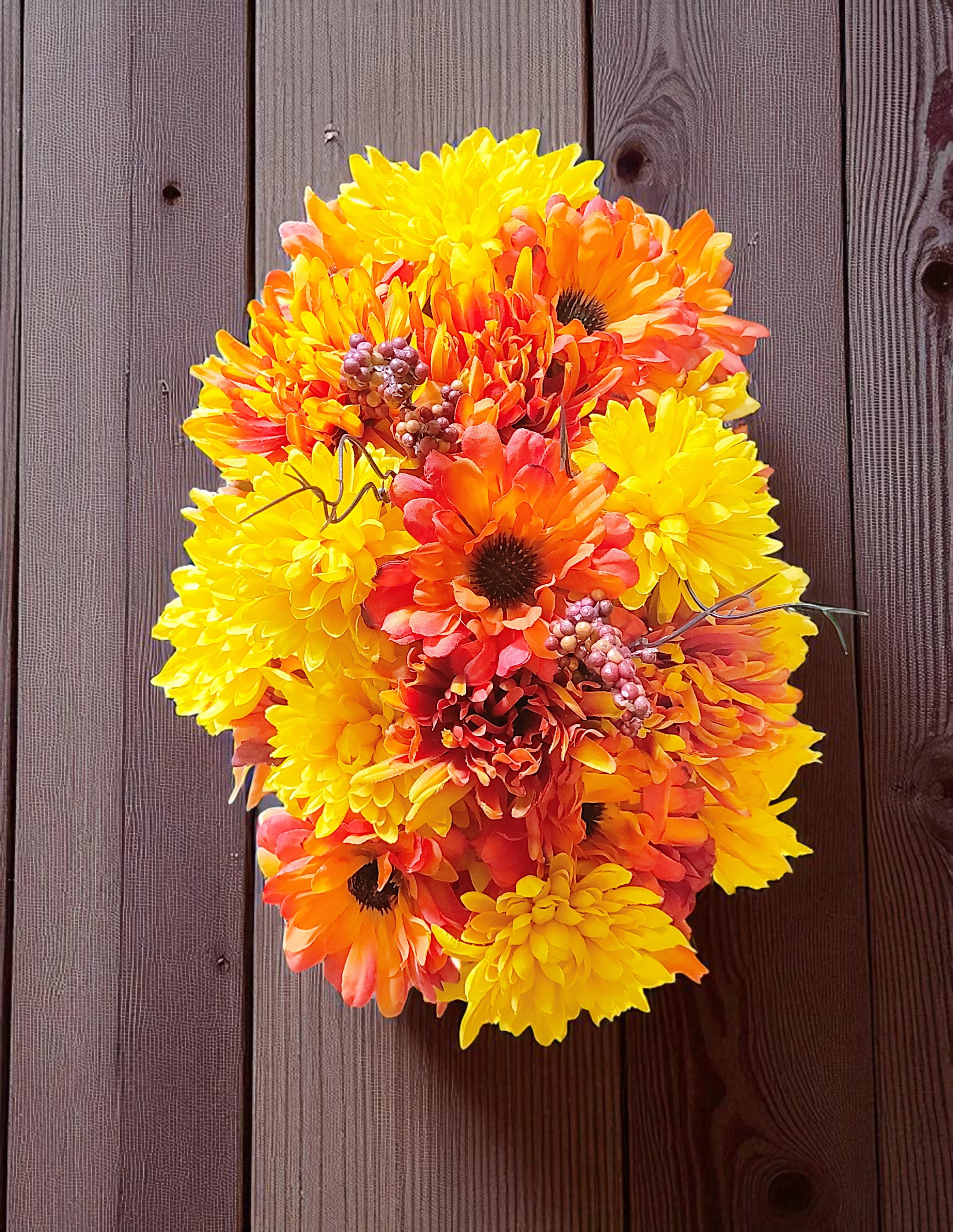 Bright Autumn Flower and Leaves Arrangement in Gold Planter Table Centerpiece