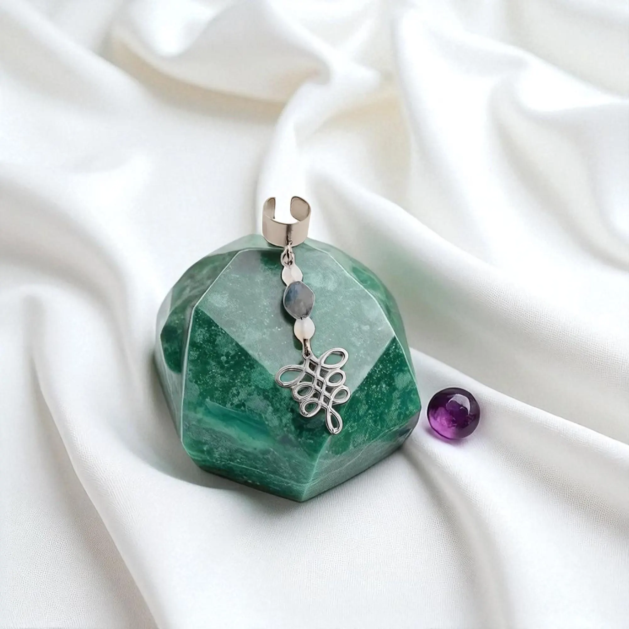 Handcrafted Ear Cuff with Dangling Gemstones & Charm