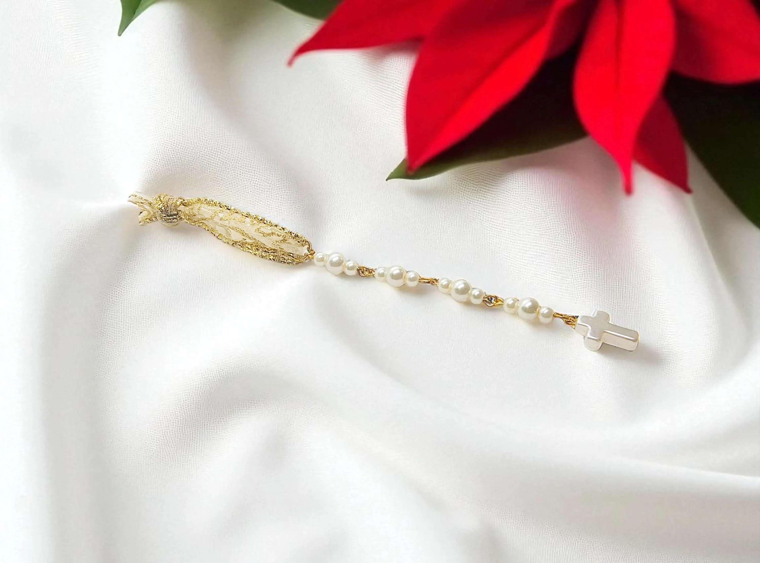 Christian Cross Pearl Beaded Icicle Accent Ornament - Handmade Collectible