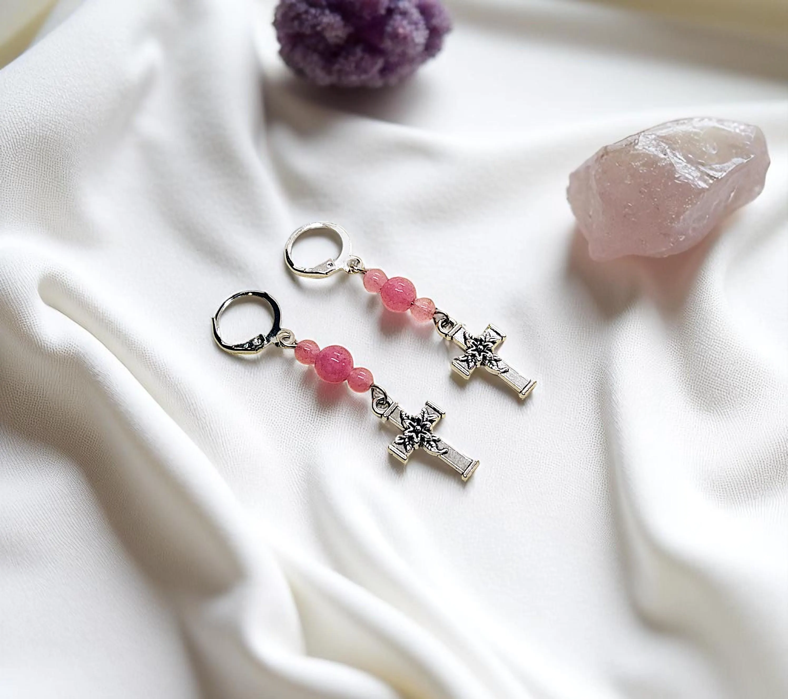 Cross Dangle Earrings with Pink Gemstones
