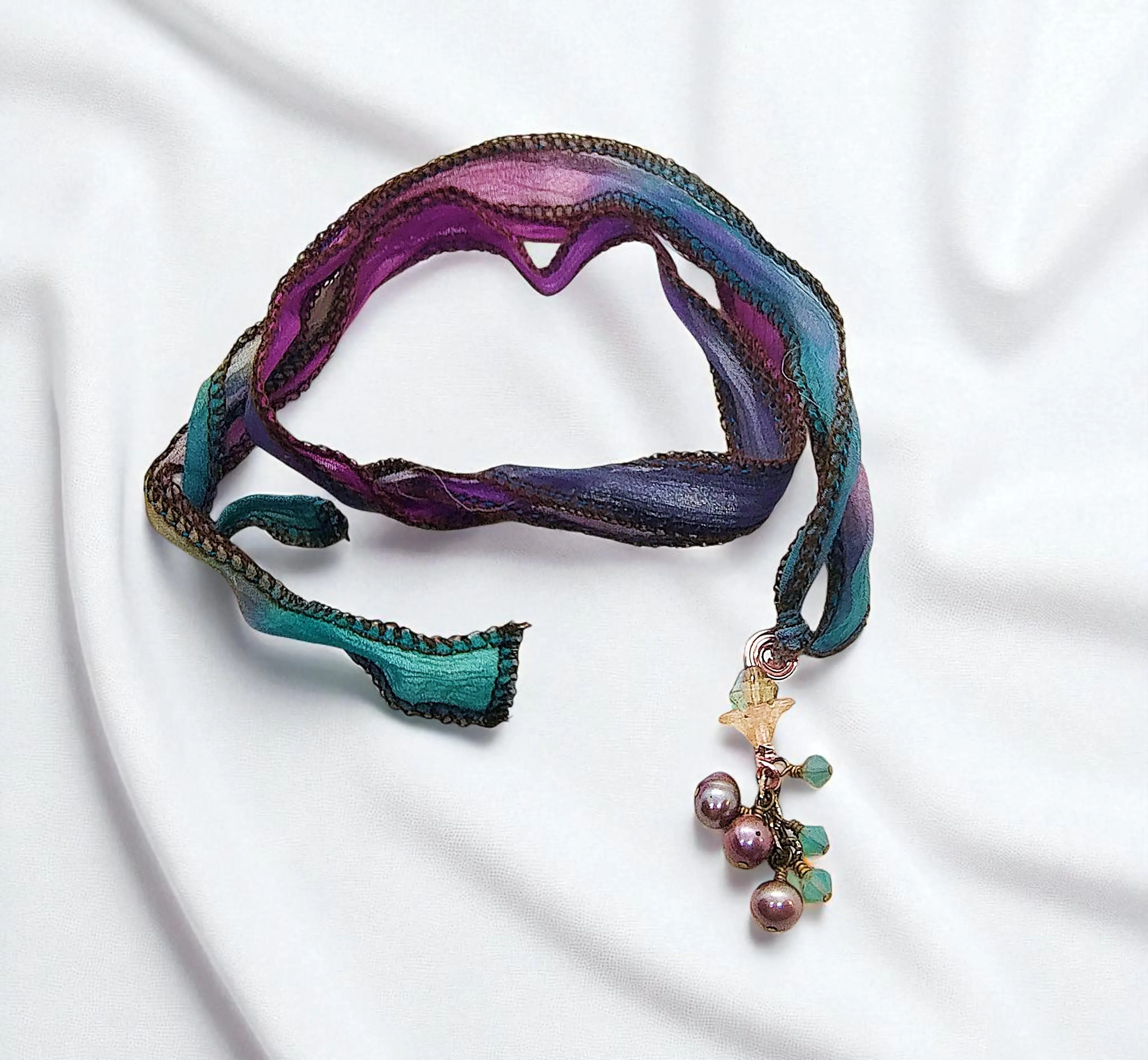 Purple Fresh Water Pearl Multi-Wrap Silk Wrap Ribbon Bracelet 