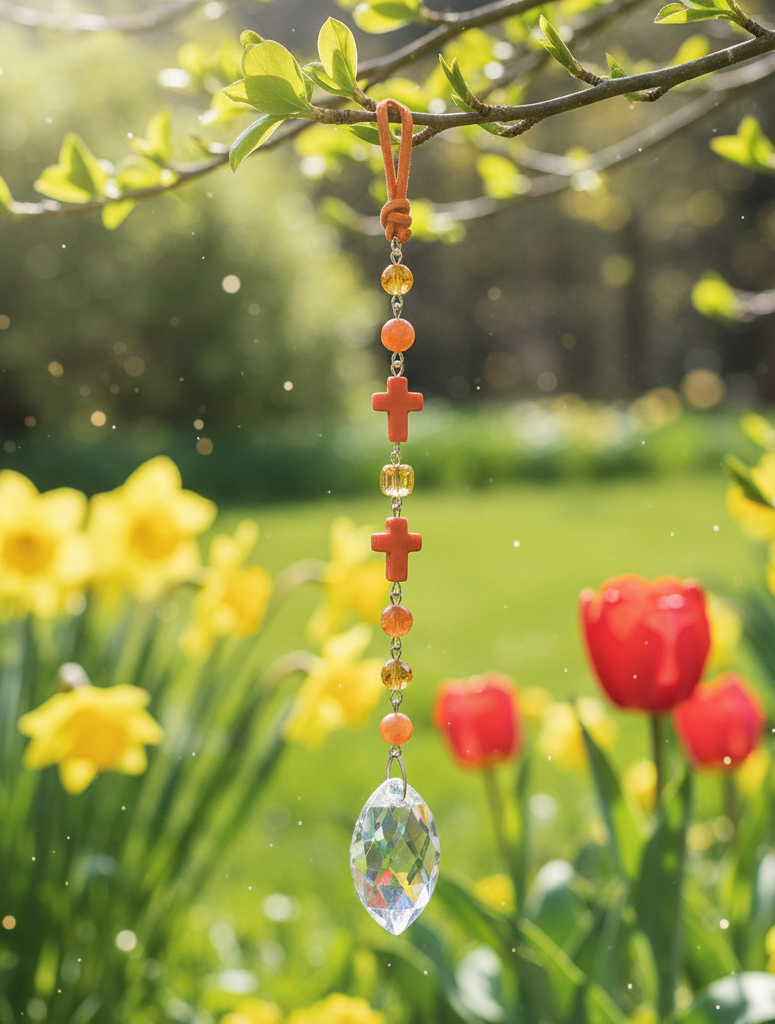 Glass Crystal and Christian Cross Gemstone Beaded Suncatcher