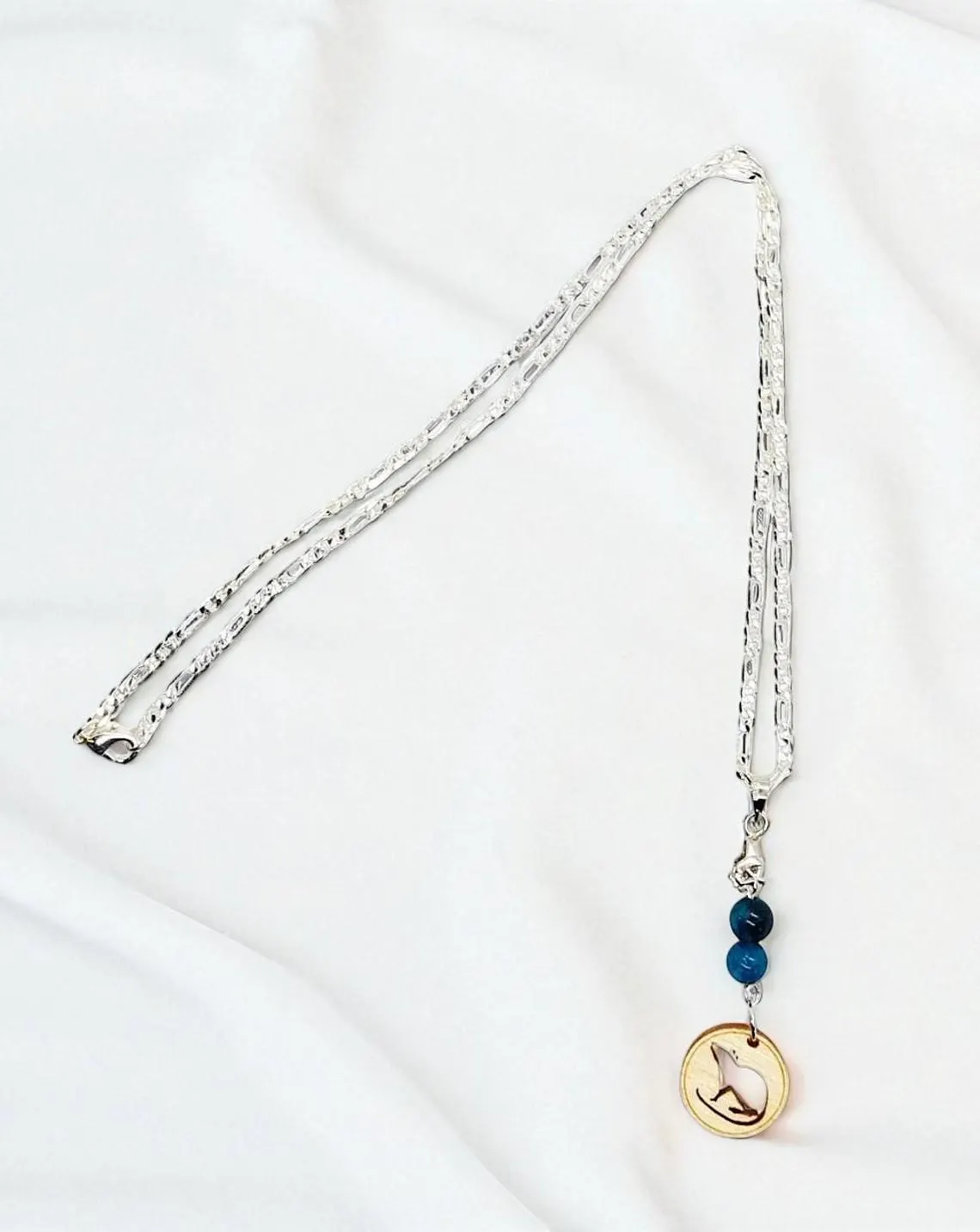 Cute Wooden Rat Silhouette & Blue Chalcedony Gemstone Pendant on Silver Plated Chain