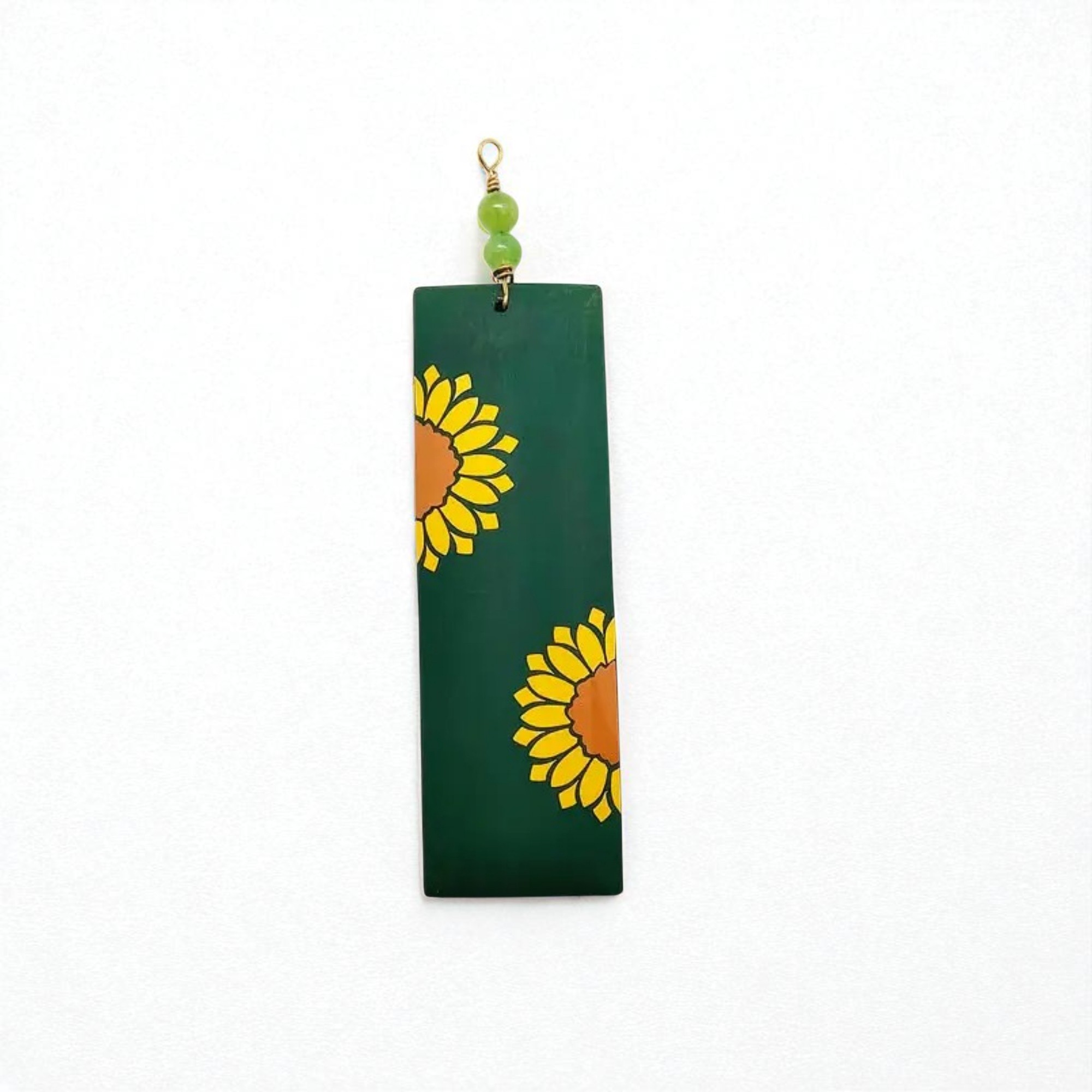 Large Hand Painted Wooden Sunflower Pendant Green Background with Gemstone Bead Accent
