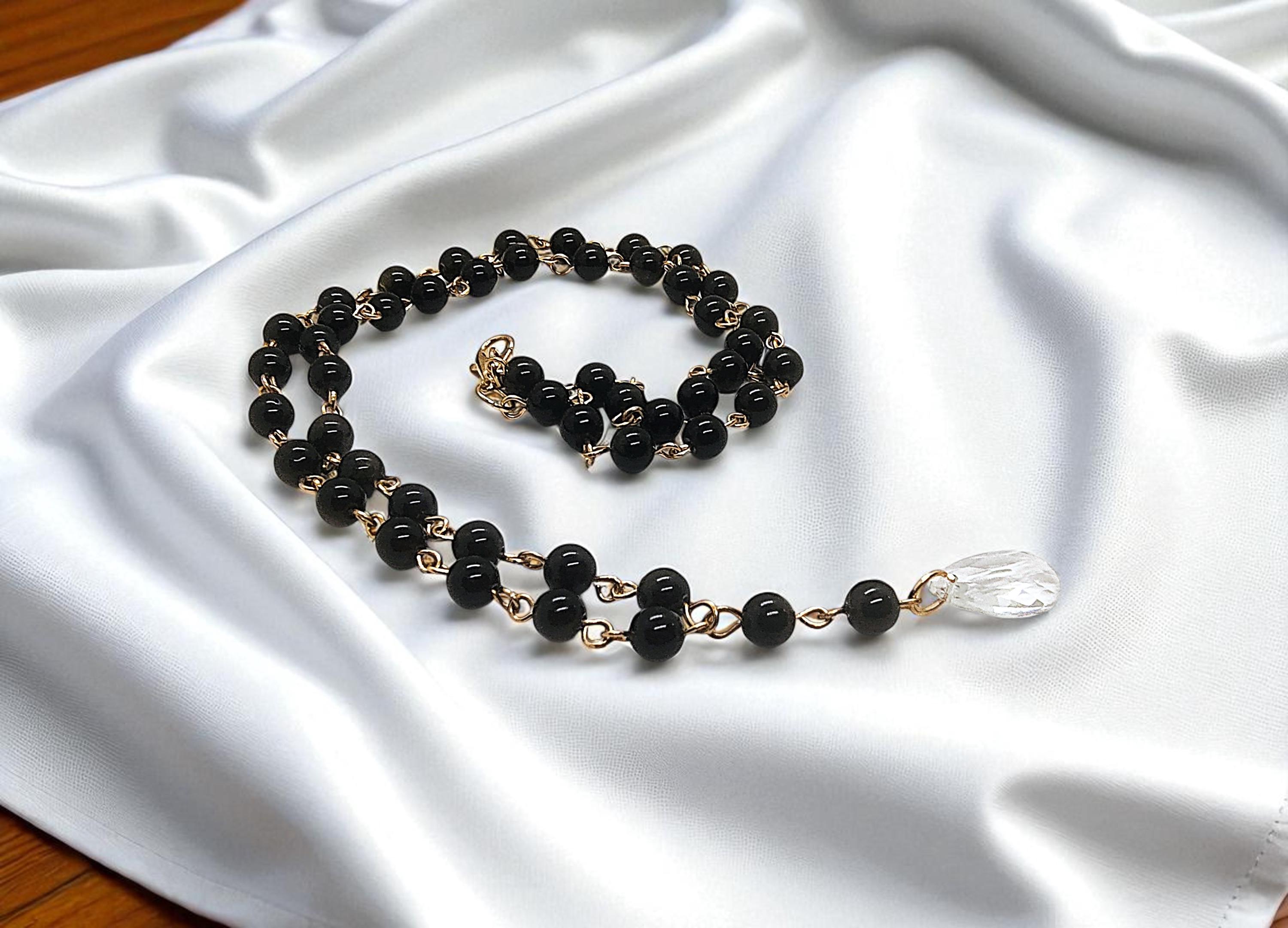 Beaded Golden Black Obsidian Gemstone Statement Necklace with Crystal Pendant