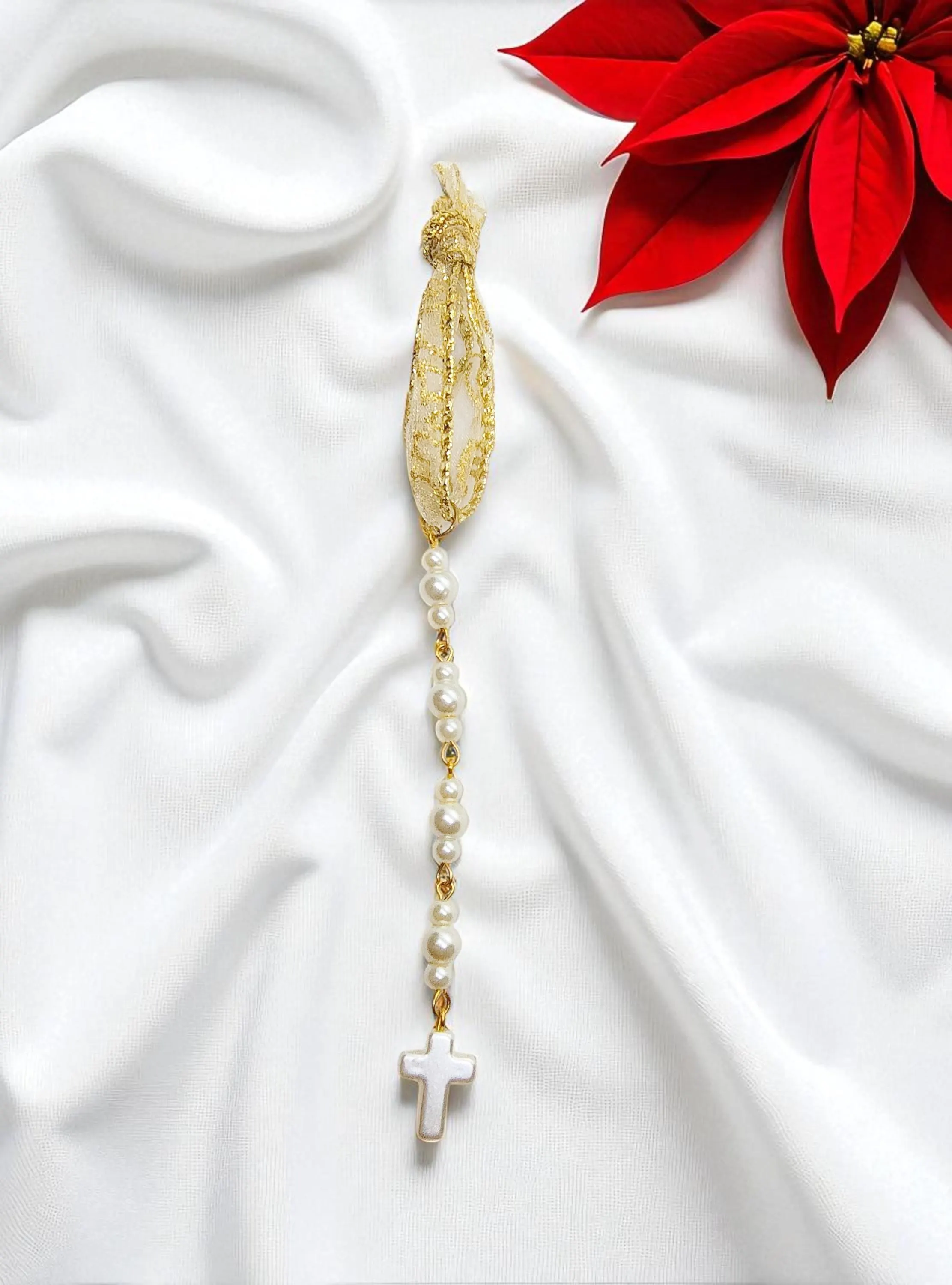 Christian Cross Pearl Beaded Icicle Accent Ornament - Handmade Collectible