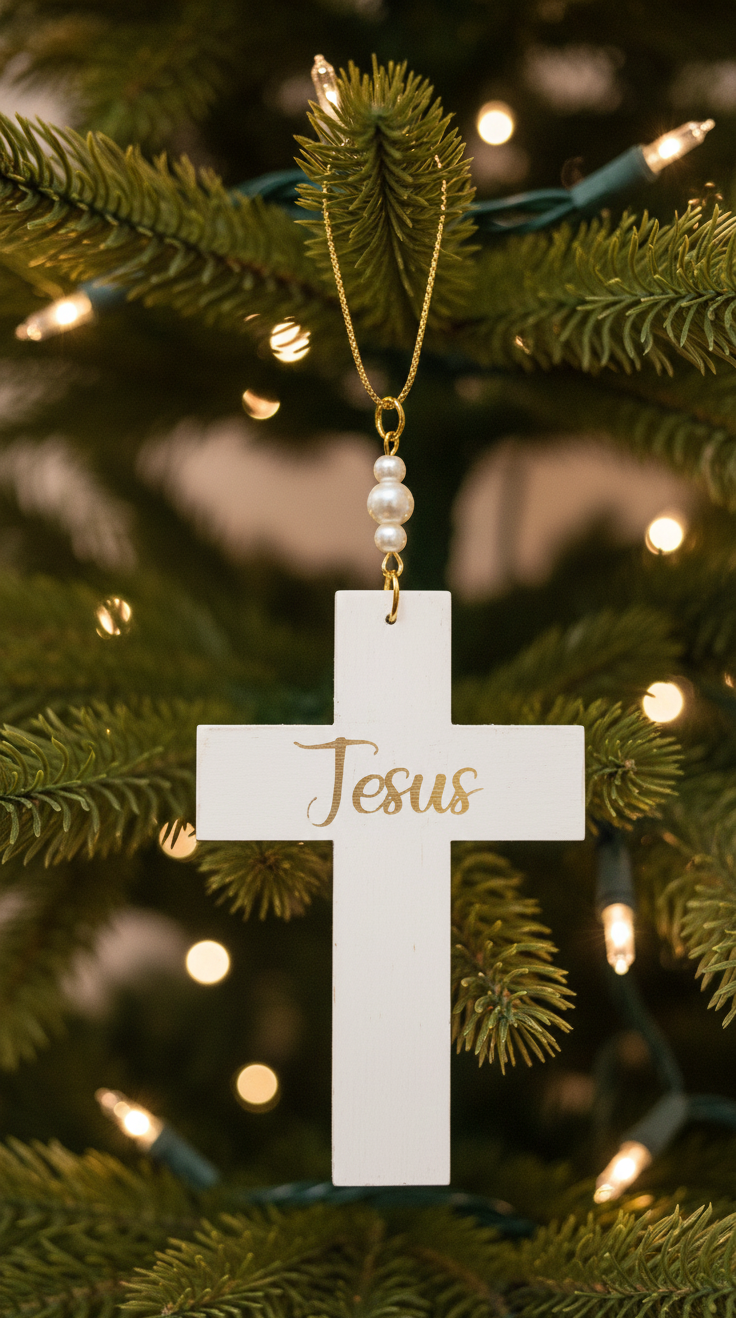 Christian Jesus Cross Pearl White and Gold Holiday Tree Ornament