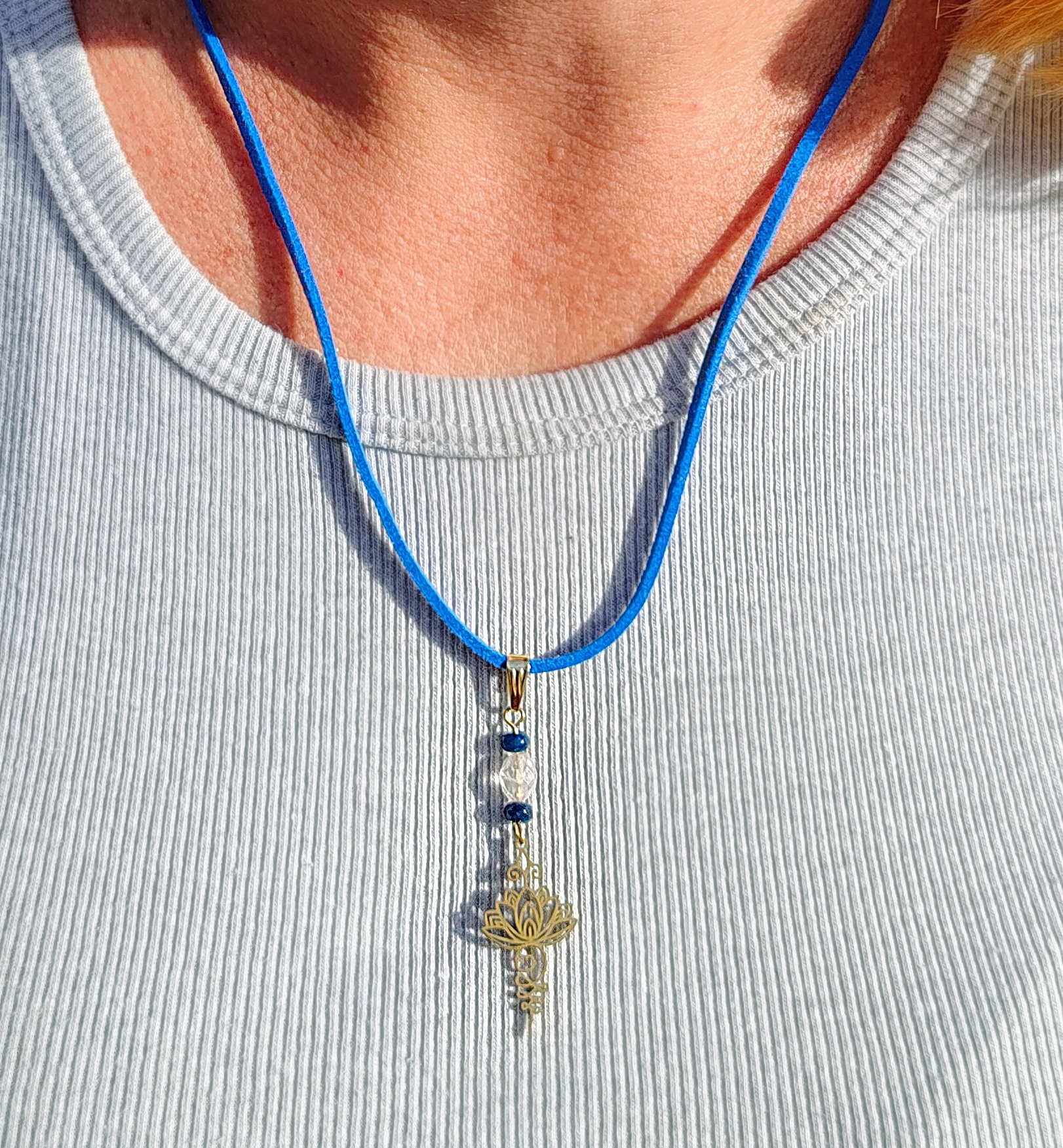 Gold Lotus Flower Gemstone Pendant Blue Suede Cord Necklace