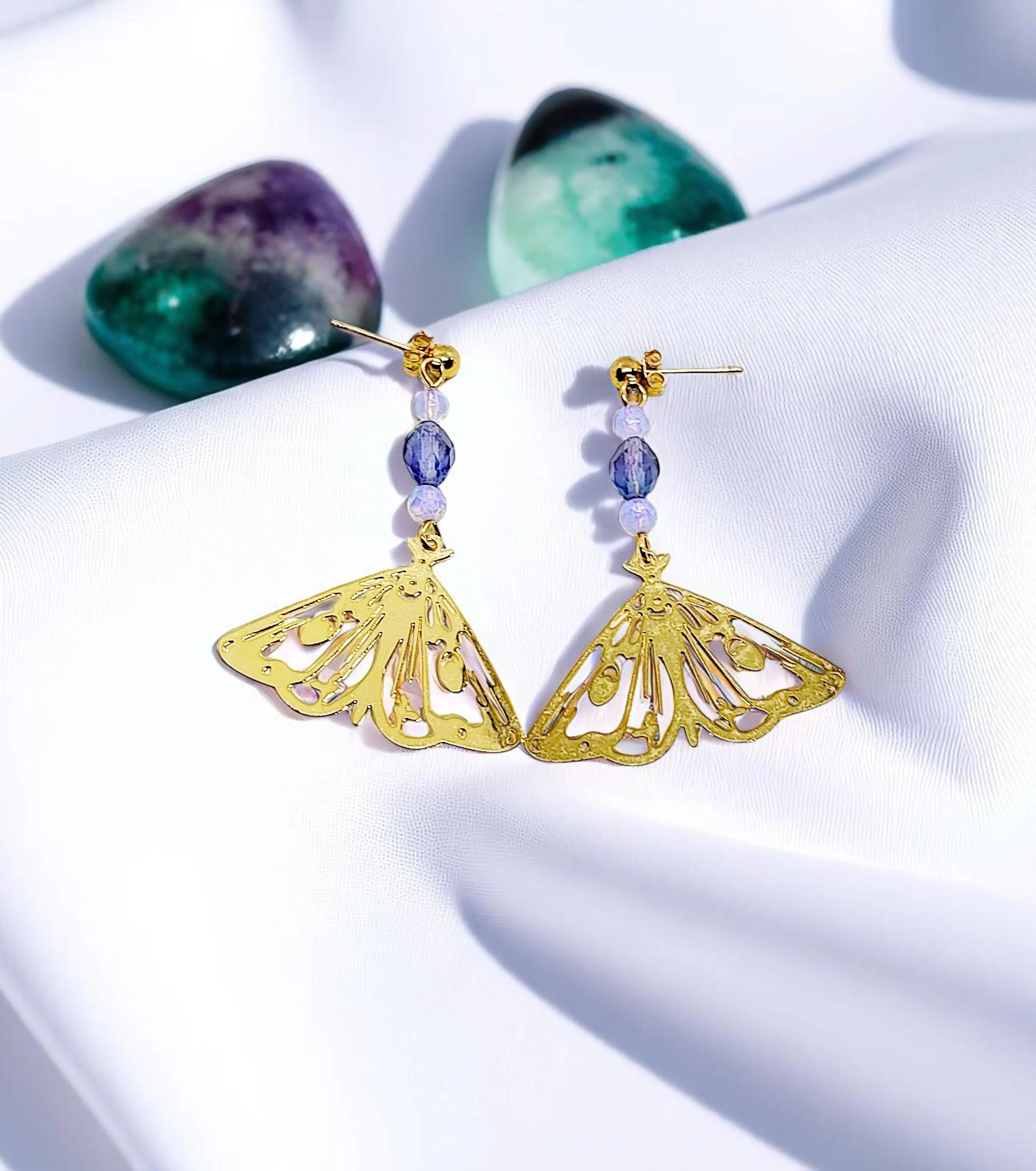 Gold Plated Butterfly & Fluorite, Opalite Gemstone Necklace and Post Earrings Set