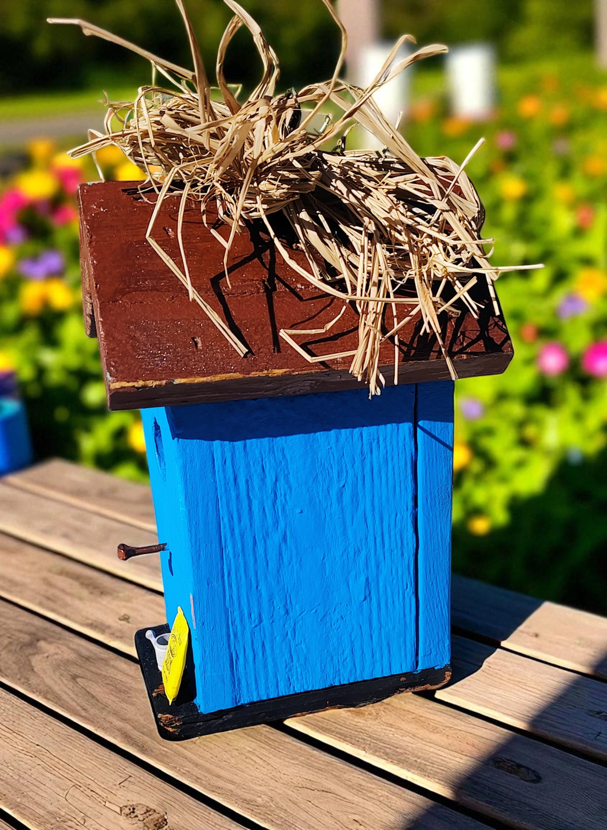 Wooden Rustic Blue Birdhouse with Gardening Theme