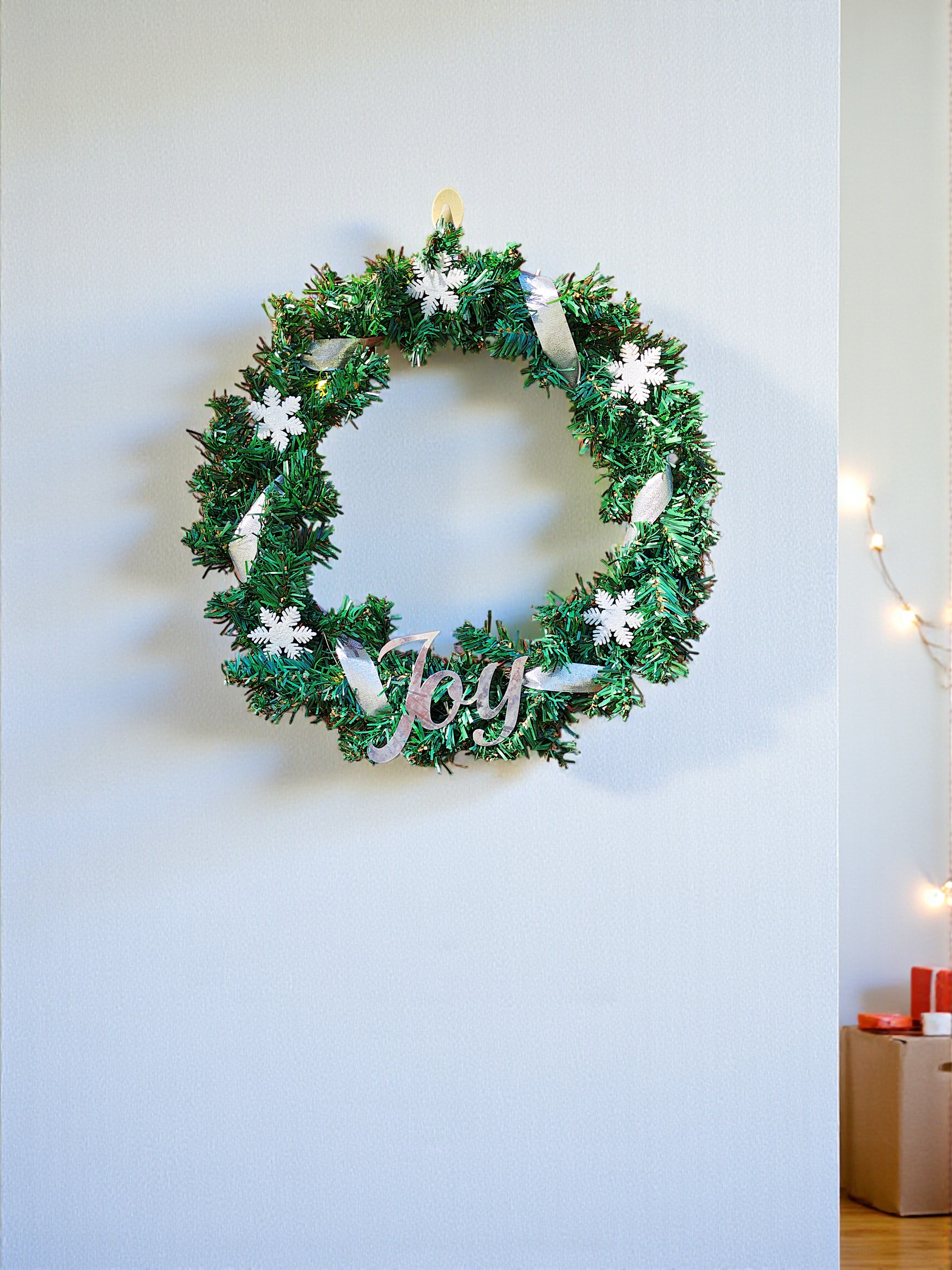 Festive 15 Inch Lighted Christmas Pine JOY Snowflake Wreath
